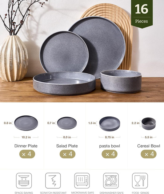 Famiware Annecy Plates and Bowls Sets, Service for 4 (16 Pieces), Dinnerware Sets with Pasta Bowls, Microwave and Dishwasher Safe Dishes Set, Chip and Scratch Resistant, Misty-Blue