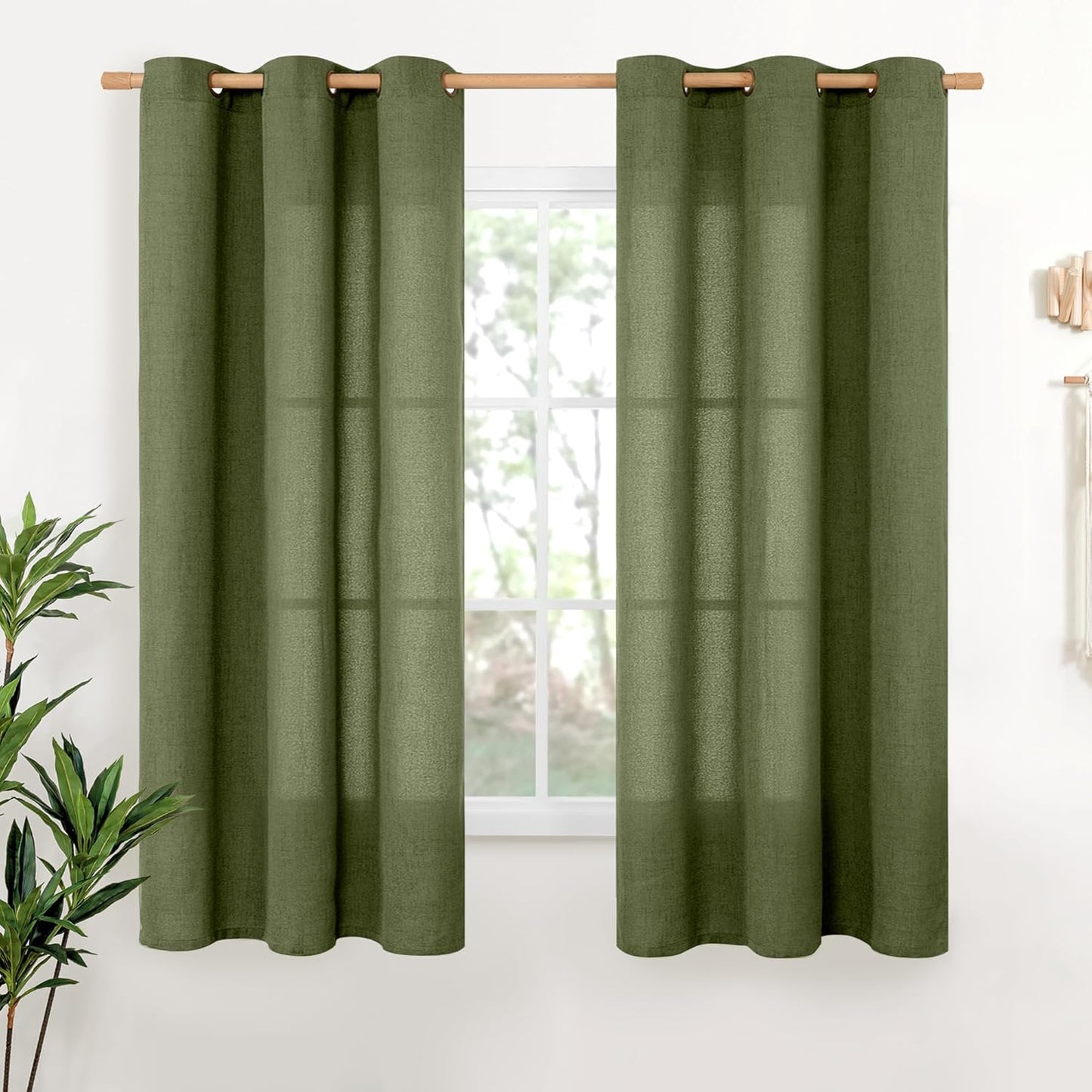 YoungsTex Olive Linen Curtains 63 Inch Length 2 Panels for Living Room Window, Dark Green Semi Sheer Drapes Light Filtering with Bronze Grommet for Bedroom Office, 42 X 63 Inch