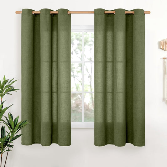 YoungsTex Olive Linen Curtains 63 Inch Length 2 Panels for Living Room Window, Dark Green Semi Sheer Drapes Light Filtering with Bronze Grommet for Bedroom Office, 42 X 63 Inch