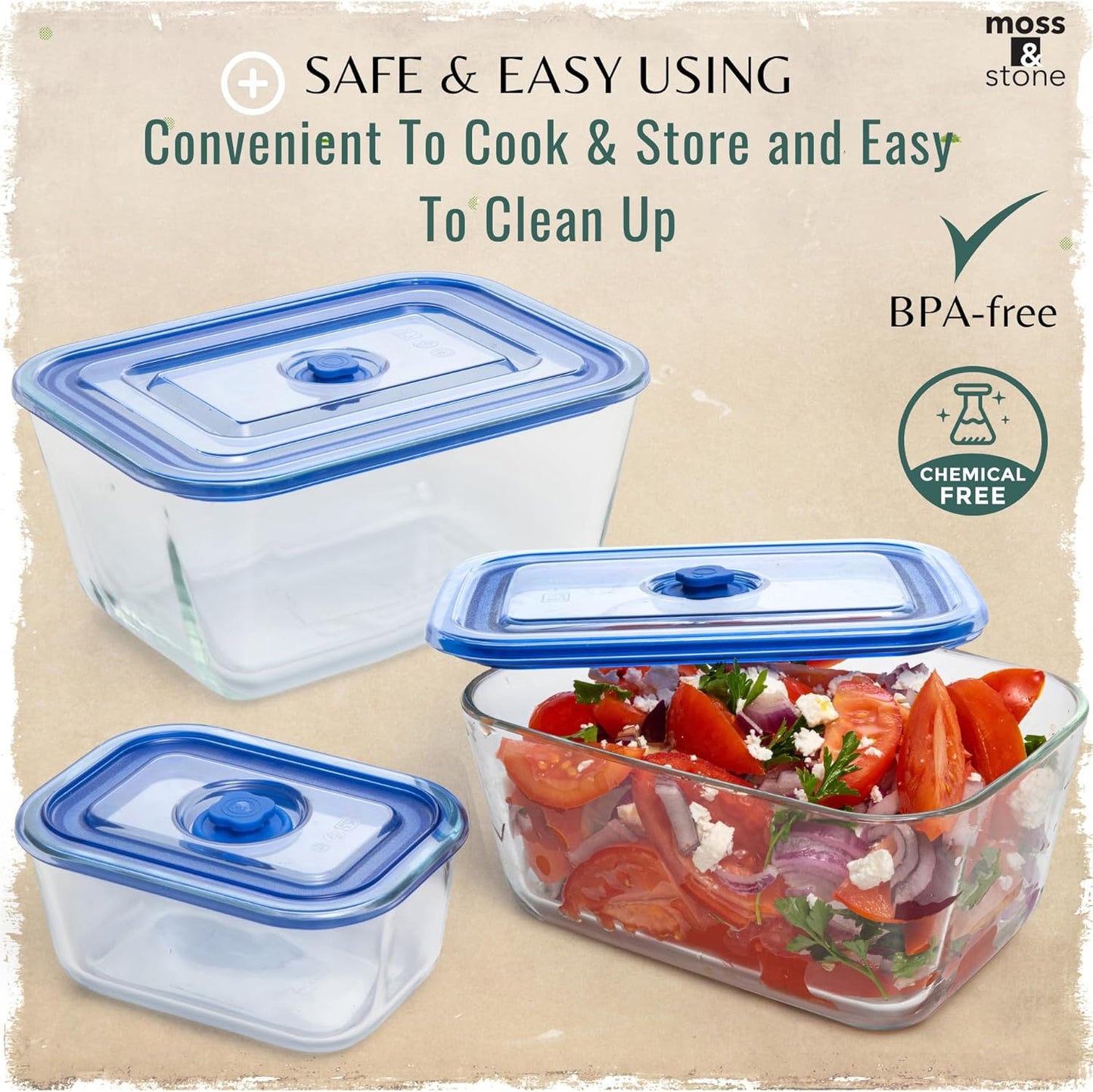 Moss & Stone Extra Large Glass Storage Containers With Lids Set of 3, 101 Oz/ 54 Oz/ 16 Oz, Deep Rectangular Glass Food Container with Lid, Leak Proof, Microwave, Dishwasher & Oven Safe