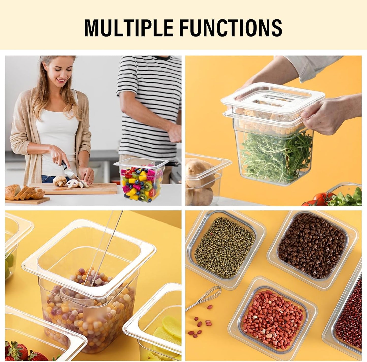 4 Pack Plastic Food Pans with Lids,1/6Size 6 Inch Stackable Restaurant Clear Food Storage Containers,Polycarbonate Commercial Hotel Pans for Fruits Vegetables Beans Corns(4Pack 6" Deep)