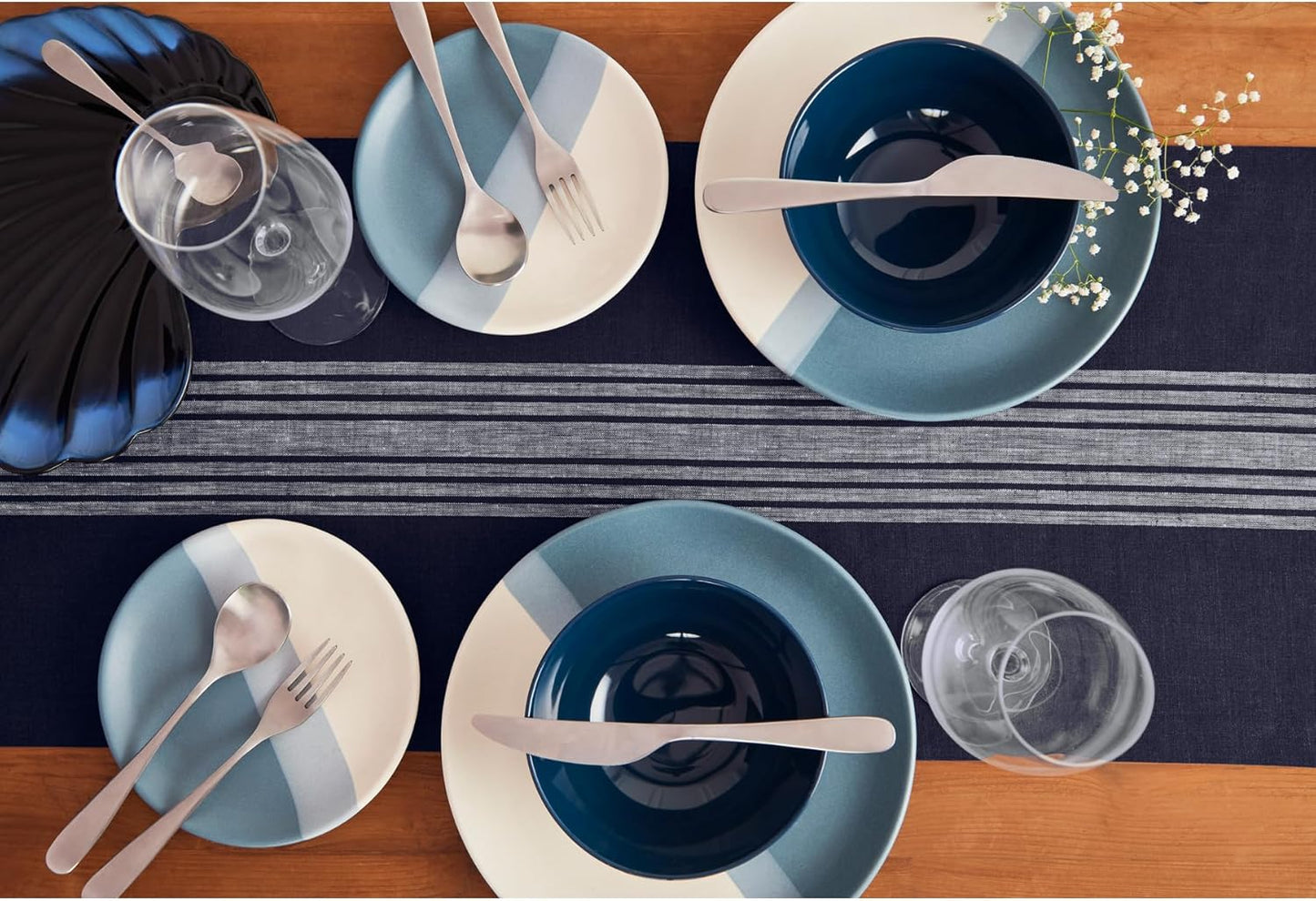 Solino Home Linen Table Runner 120 Inches Long - 100% Pure Linen Farmhouse White and Navy Table Runner 14 x 120 Inch Ideal for Dining, Thanksgiving, Christmas, Holiday