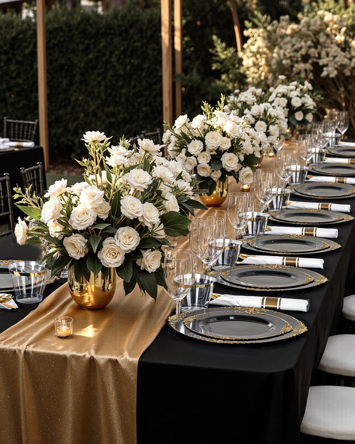 Nervure 175PCS Black Plastic Plates - Disposable Black Gold Party Plates & Pre Rolled Napkins with Cutlery for 25 Guests, 50Plates, 75Silverware, 25Cups, 25Napkin for Wedding & Party & New Year