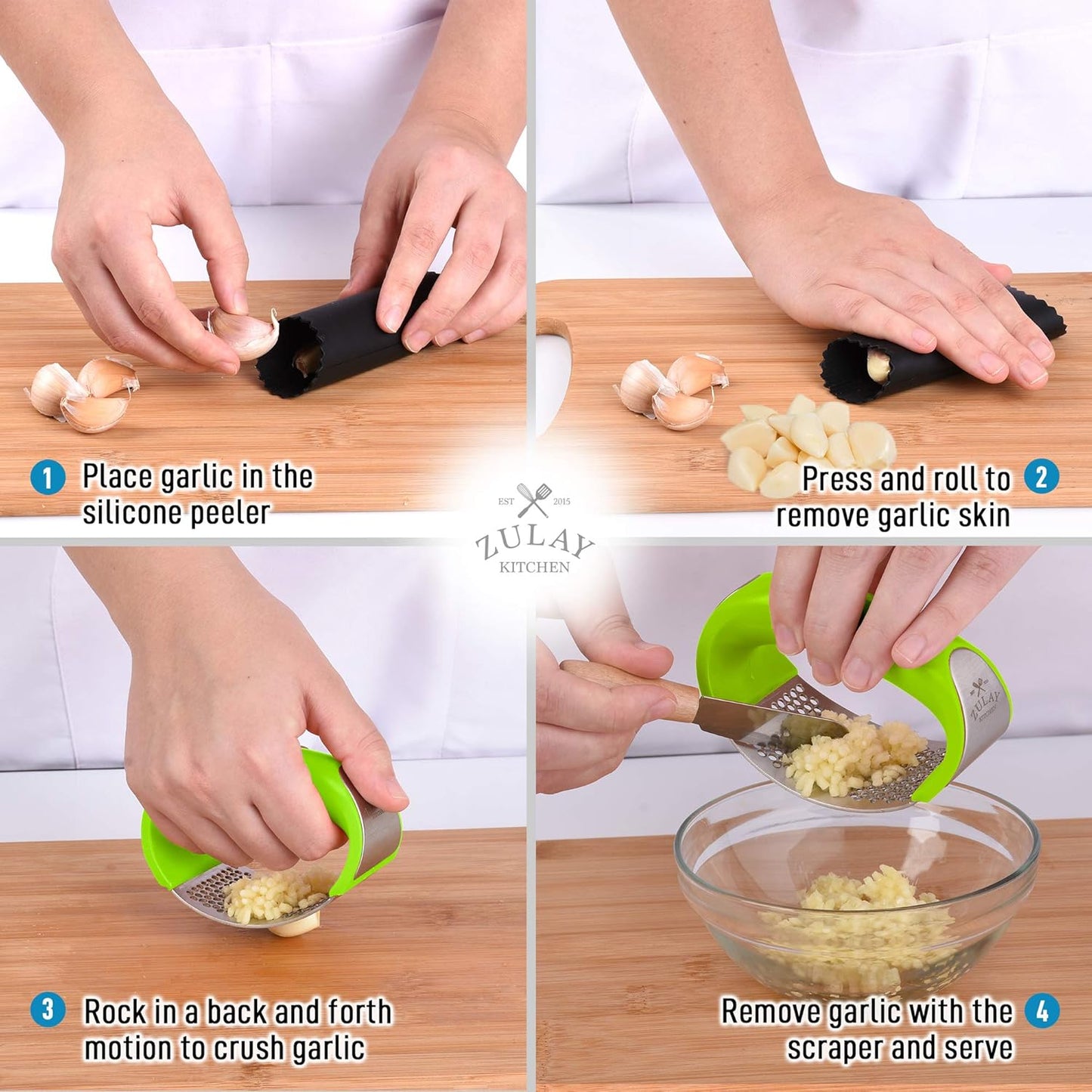 Zulay Kitchen Stainless Steel Garlic Press Rocker Set - Premium Garlic Mincer Garlic Crusher - New Innovative Garlic Crusher with Peeler and Scraper - Comfortable Grip (Green)