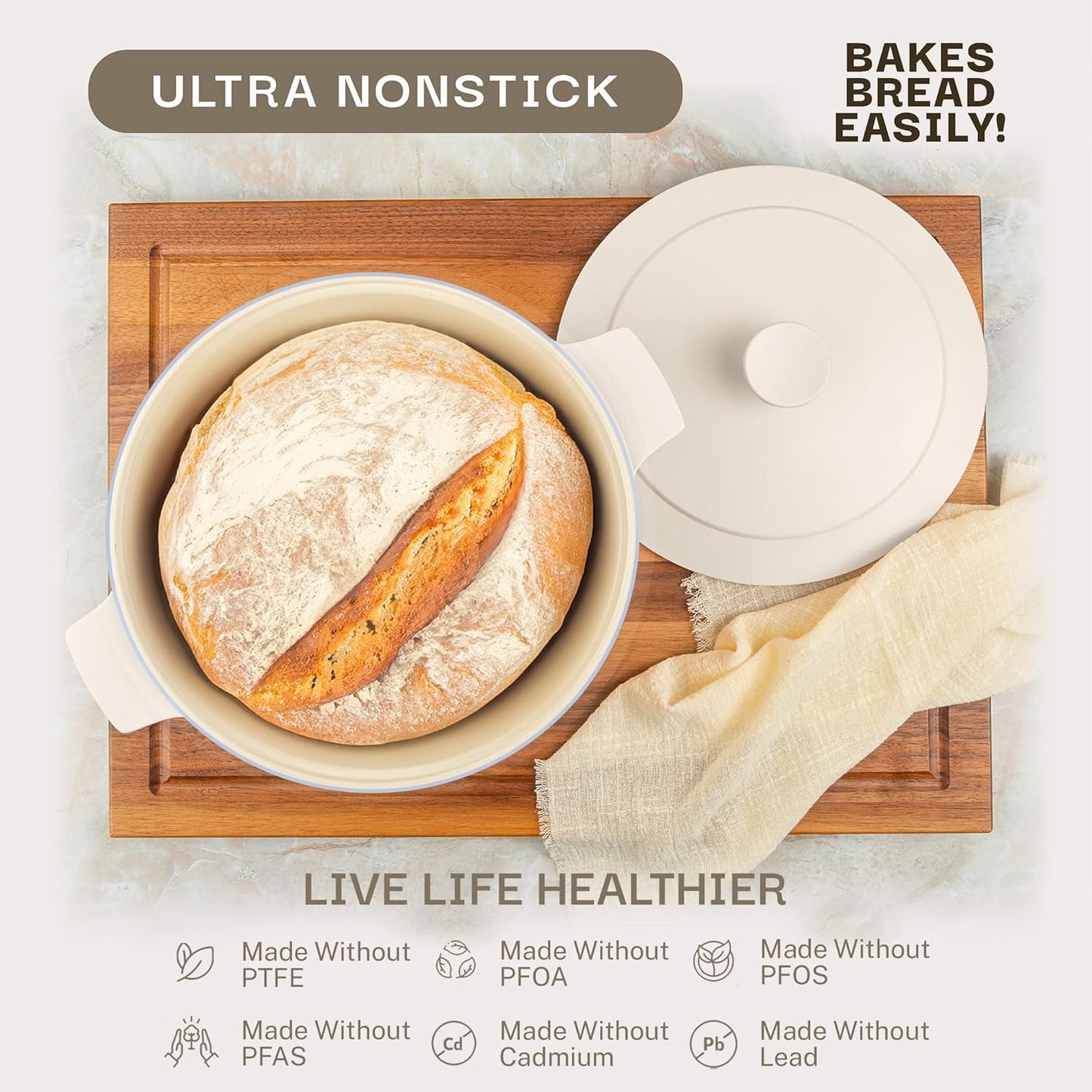 Gotham Steel 5 Qt Dutch Oven Pot with Lid, Nonstick Ceramic Dutch Oven Stock Pot, 10 in 1 Cooking Pots & Dutch Ovens for Bread Baking, Lightweight Oven & Dishwasher Safe – Cream