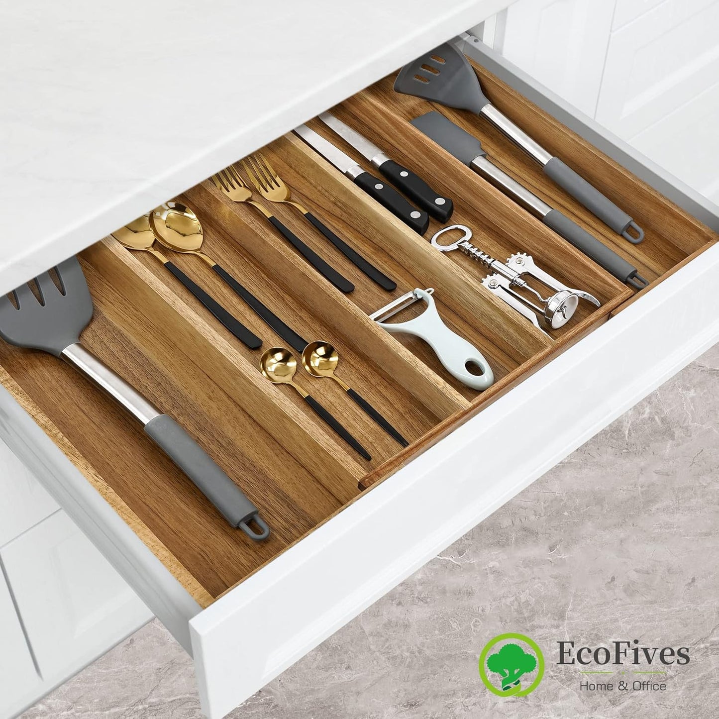 Luxury Acacia Silverware Organizer -Kitchen Drawer Organizer - Utensil Holder and Cutlery Organizer with Grooved Drawer Dividers for Flatware and Kitchen Utensils (5 Slot)