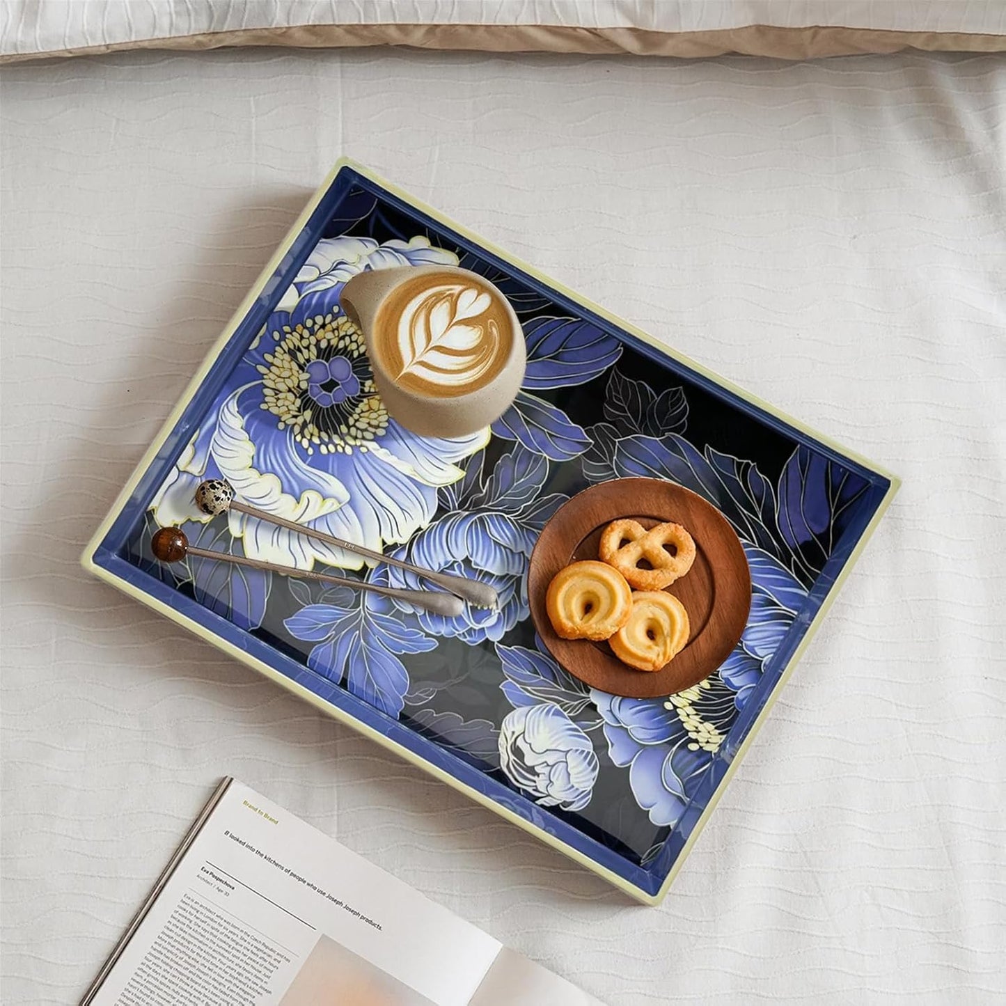 Serving Tray with Handles, 15.7 * 11.8 inches, Plastic Ottoman Tray with Exquisite Paintings, Trays for Coffee Table