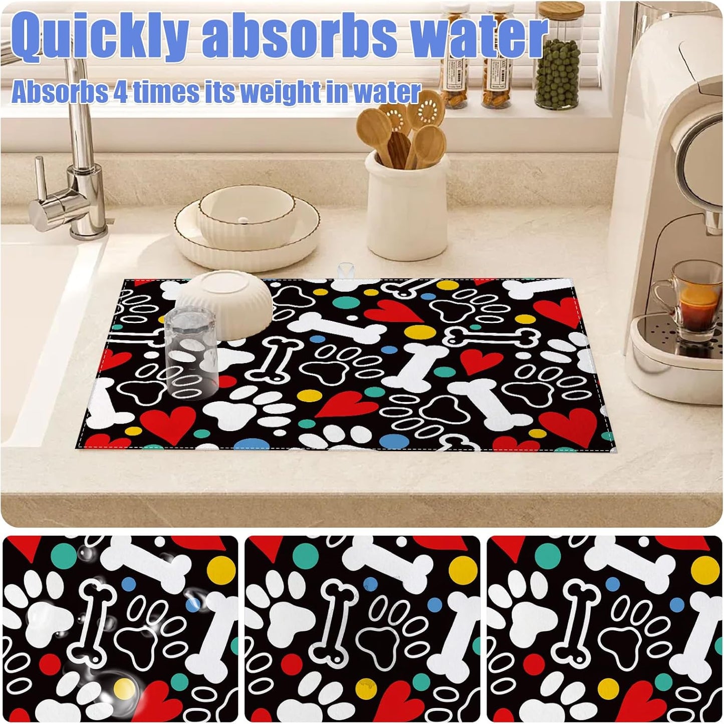 Dog Paw Bone Dish Drying Mat for Kitchen Counter Drying Pad Absorbent Reversible Dish Drainer Rack Mats Draining Pad 18"x24"Inch