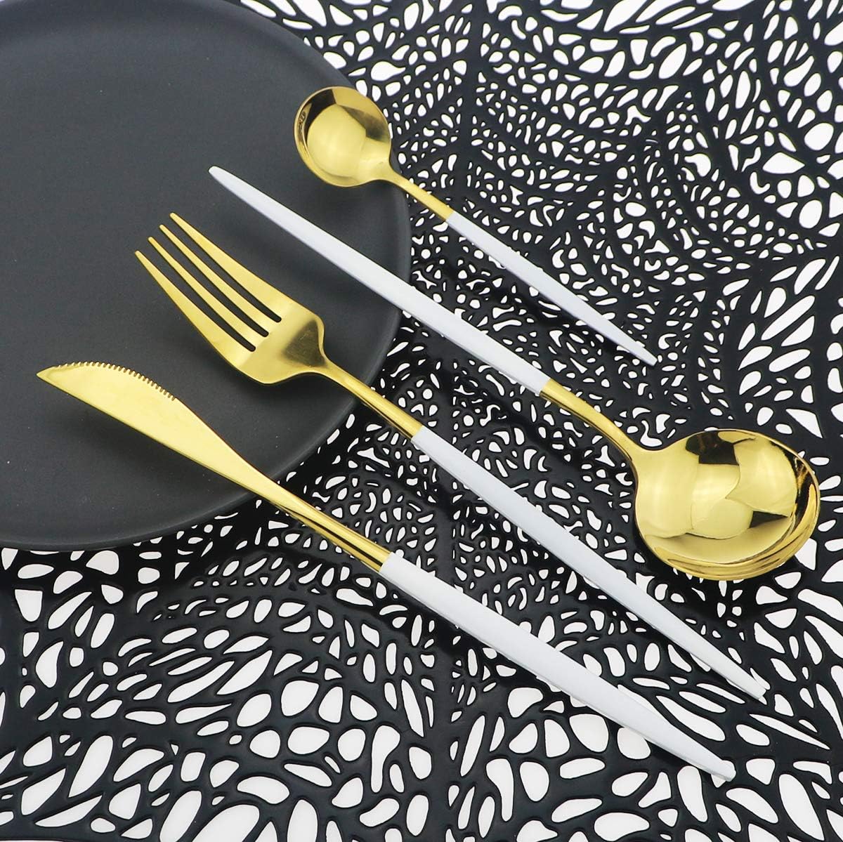 Shiny Silverware Sets, 24-Piece Elegant Cute White Handle Gold Cutlery set,304 Stainless Steel Silverware Set for Eating Home Kitchen Hotel Restaurant, Sets for 6 People, Dishwasher Safe