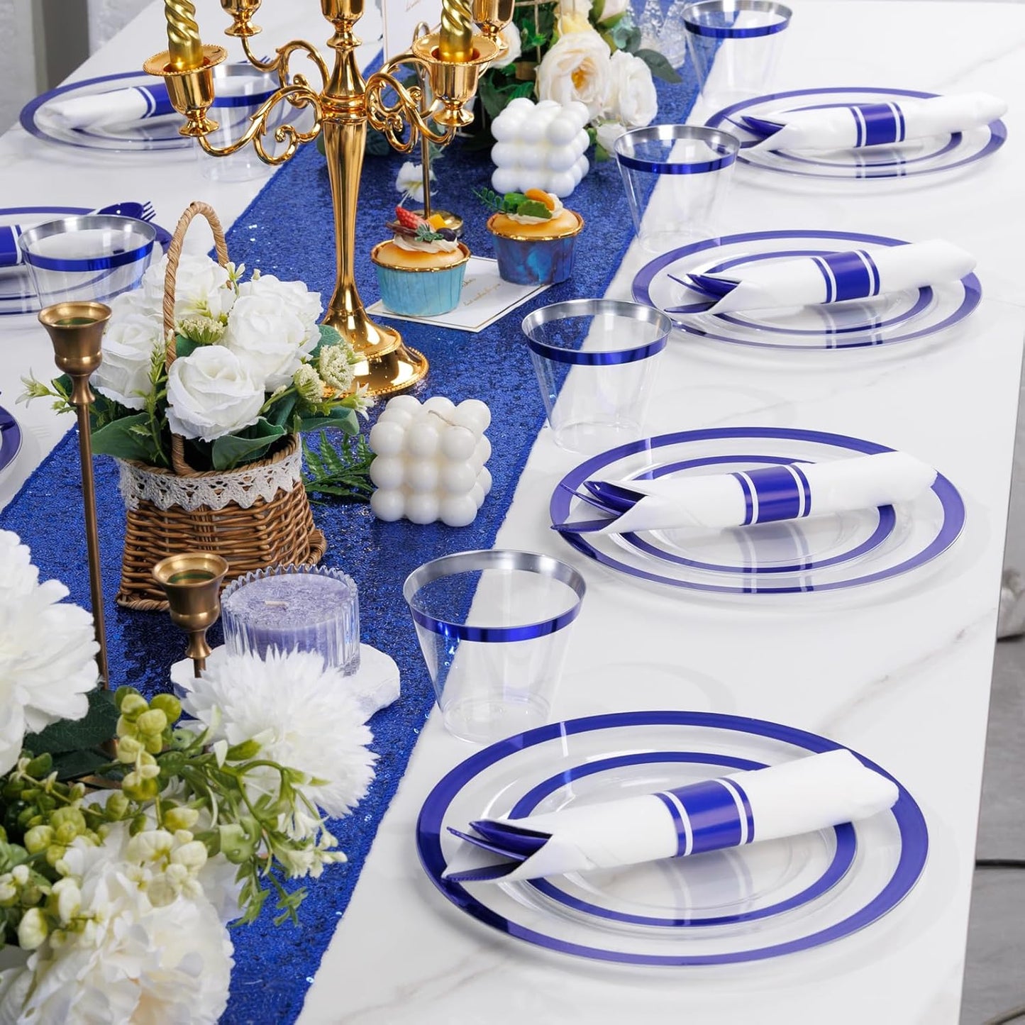 Liacere 350PCS Blue Plastic Plates - Clear with Blue Trim for 50Guests Dinnerware Include 100 Clear Plates disposable 150 Silverware 50Napkins for Wedding＆Back to School＆Labor Day