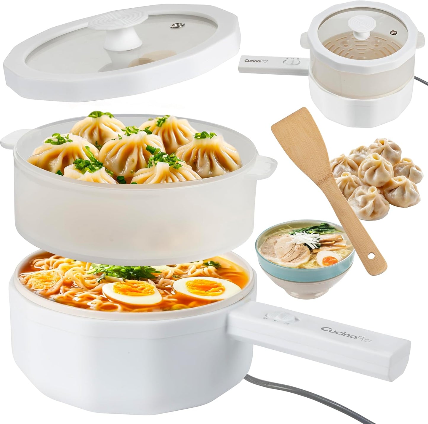 Multi Function 3 in 1 Hot Pot Cooker (1.5L)- Electric Nonstick Dumpling Steamer, Rice Cooker & Stir Fry Maker in One Machine- Make Perfect Ramen Noodles- Must- Have Dorm, Kitchen or College Essential