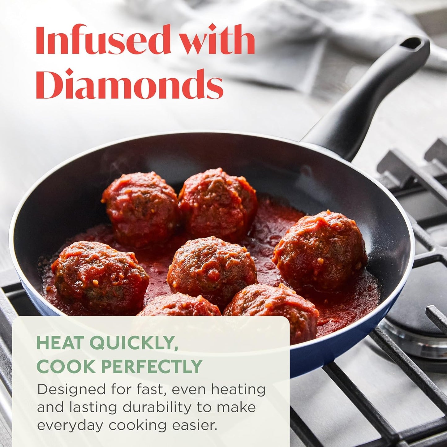 Deco 11” Nonstick Frying Pan Skillet, Made in Italy, Diamond Ceramic PFAS-Free, Dishwasher & Metal Utensil Safe, Durable Gloss Enamel Finish, Stay-Cool Handle, High Walls-Extra Room, Blue