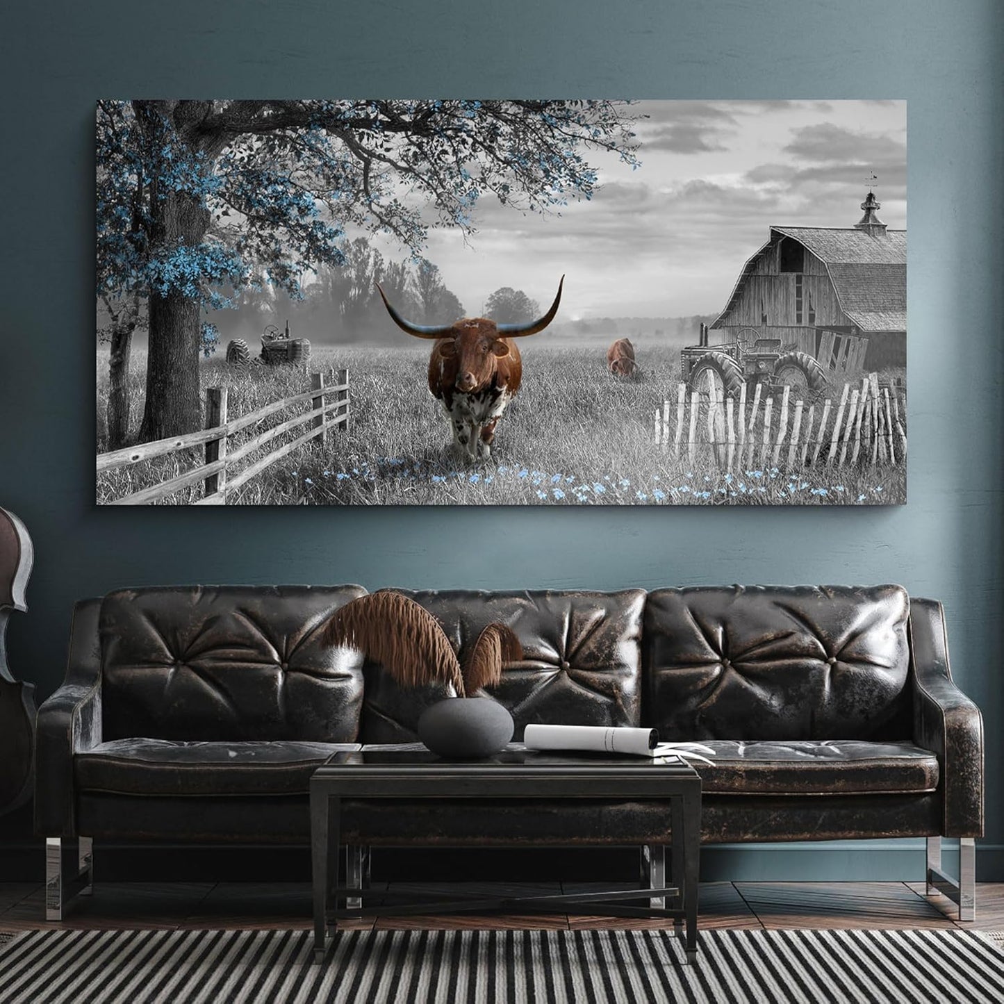 yiijeah Large Country Brown Cow Blue Tree Pictures Farmhouse for Living Room Rustic Wall Decor for Master Bedroom Wall Decor Above Bed Wall Art