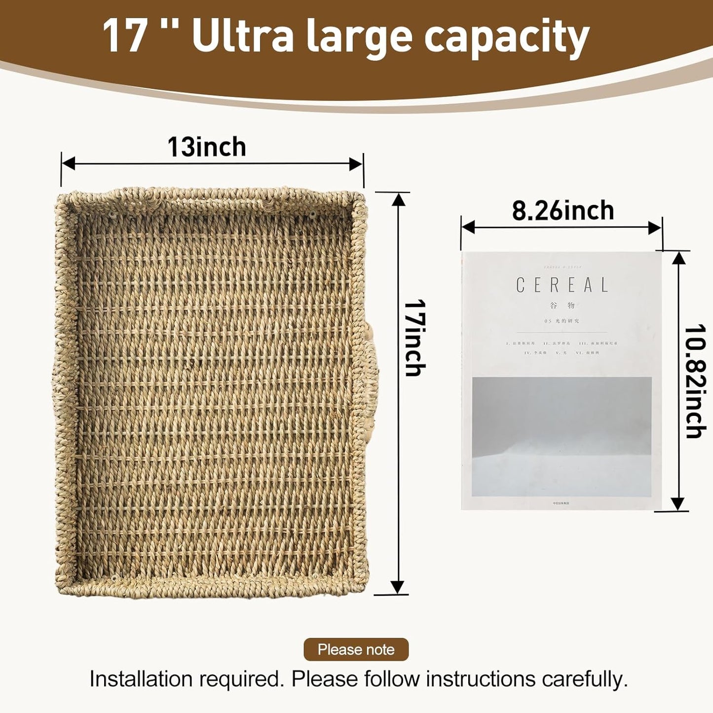 Wicker Scalloped Serving Tray with Handles - Seagrass Handwoven Trays,Water Hyacinth Tray for Home Decor and Living Room, Dining Table, Bathroom Organizing, 16.9" L x 12.9" W x 1.96" H