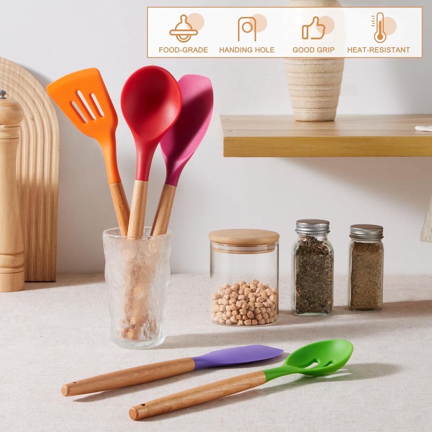 E-far Silicone Cooking Utensils Set, 5-Piece Kitchen Utensils Set with Wooden Handle for Cooking, Silicone Kitchen Nonstick Tools Spatula Turner Slotted Spoons, Nontoxic & Heat Resistant-Colorful