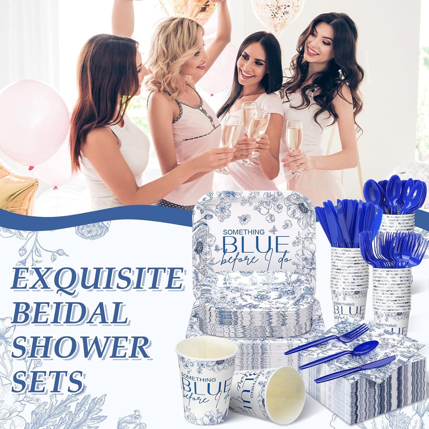 350 Pcs Paper Plates and Napkins Set Disposable Dinnerware Party Supplies Tableware Serve 50 Guest Cups Knife Forks Spoon(Blue,Something Blue Before I Do)