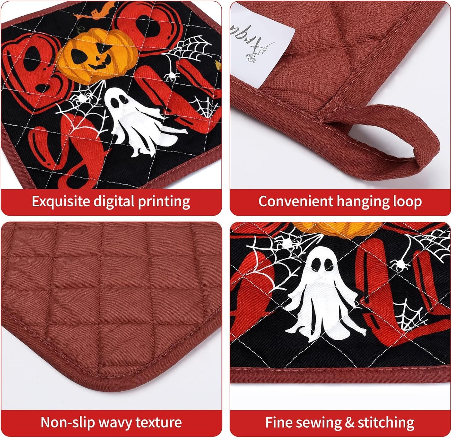 Halloween Pumpkin Oven Mitts and Pot Holders Sets 4Pcs, 100% Cotton Heat Resistant, Extra Long Oven Gloves Potholder for Kitchen Cooking Baking Decoration