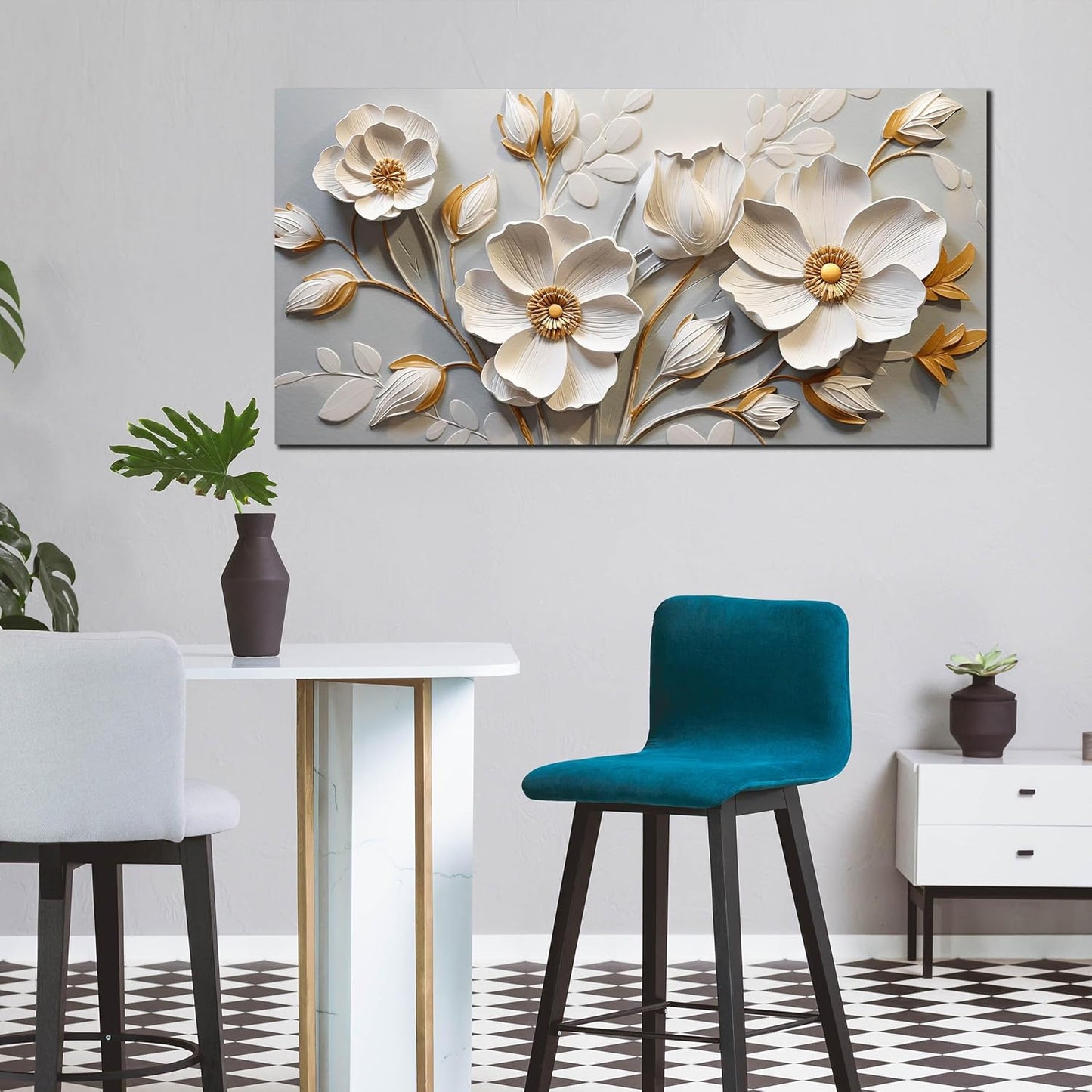 AOZEMI Floral Wall Decorations White Pictures Botanical Flower Canvas Gold Wall Art 29x59 Modern Big Artwork for Living Room Bedroom Office