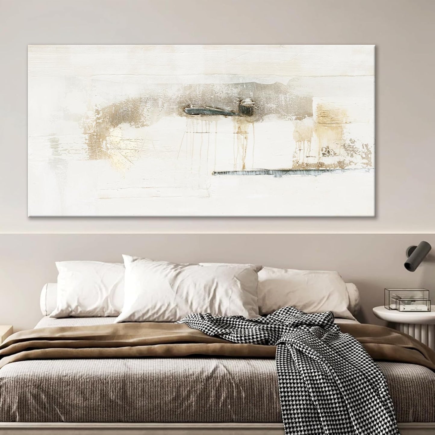 QSQ Abstract Wall Art Off White Large Size Artwork Wall Decor Canvas Painting Stretched Canvas Wooden for Living Room Bedroom Office Home Decor ready for hanging 29"x58"