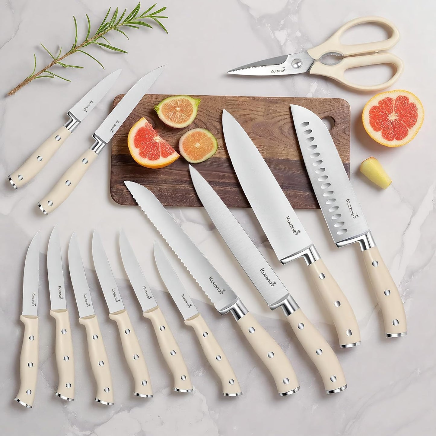 KUISINE Knife Set High Carbon Stainless Steel Sharper Blade Ergonomic Handle,Knife Block Set with Built-in Sharpener 2025 Upgraded (Ivory Pro Acacia,15PCS)