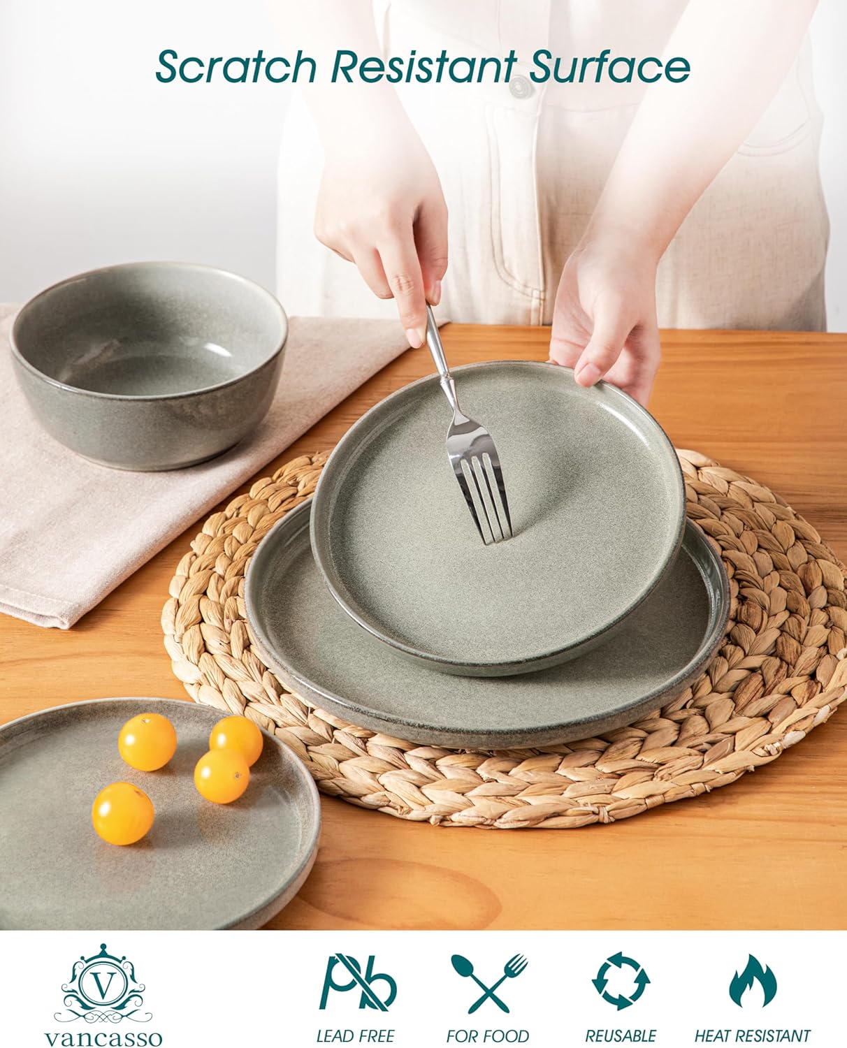 vancasso ANYA 24 Pieces Plates and Bowls Set, Stone Grey Dinnerware Sets, Reactive Glaze Dishes Set for 8, Ceramic Dishware Sets Kitchen Dinner Set, Microwave & Dishwasher Safe