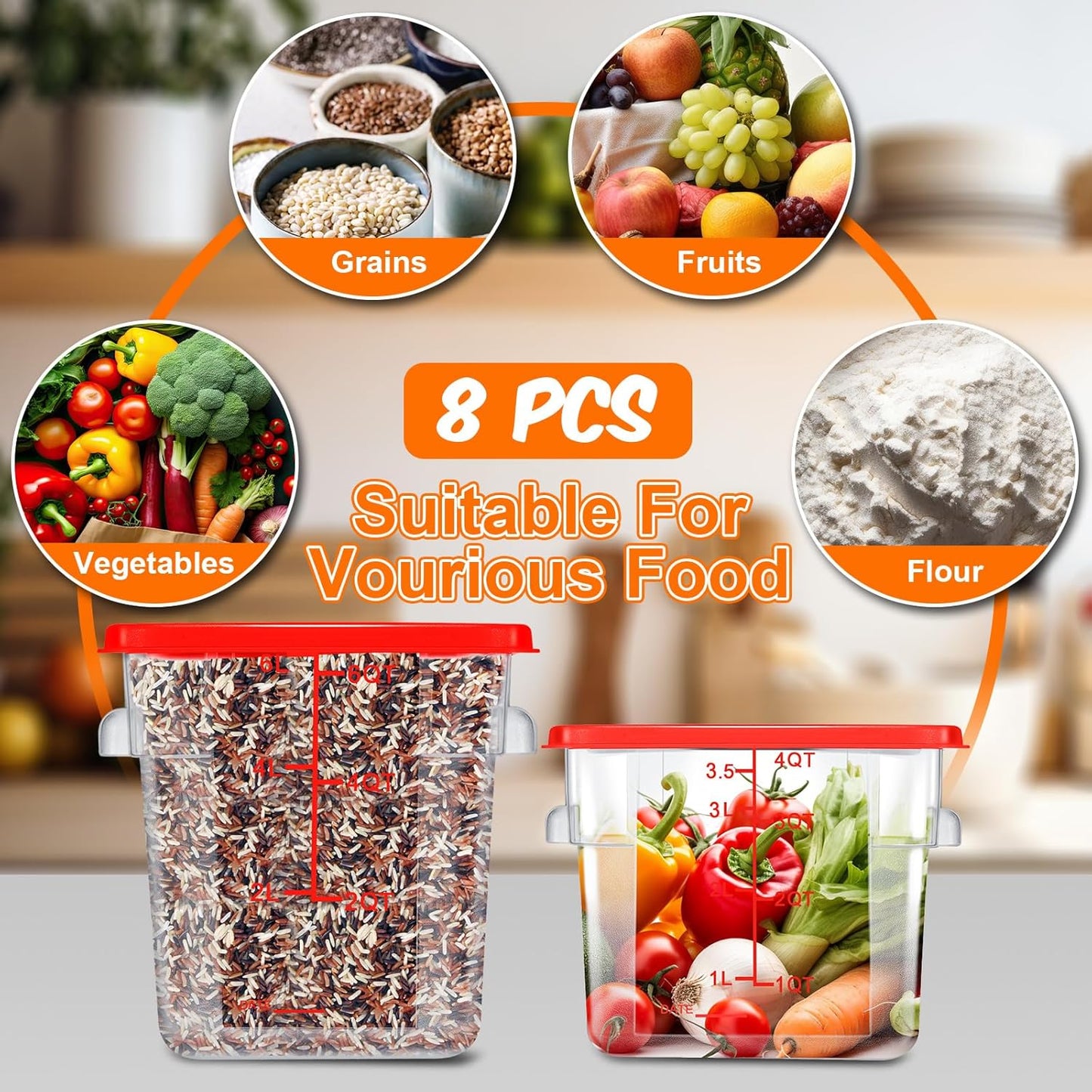 Suclain 8 Pack 4 QT and 6 QT Food Storage Containers with Lids Scales Handles Square Clear Restaurant Food Storage Containers Polycarbonate Commercial Grade for Kitchen Marinating Meat Dough(Red)