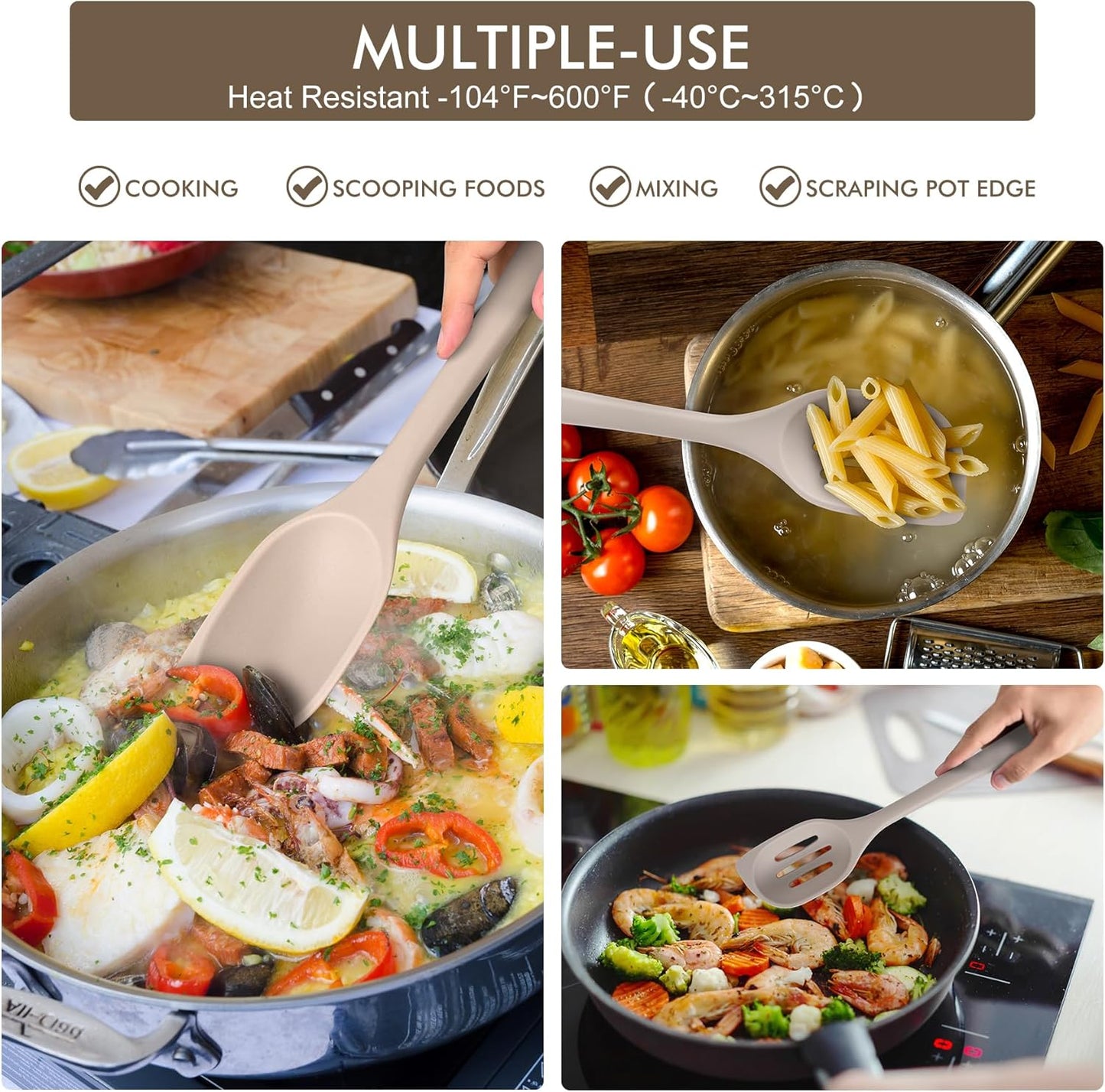 HOTEC Heat Resistant Silicone Cooking Spoon Spatula, Large Kitchen Solid and Slotted Spoons for Mixing, Serving, Scraping, Non-stick, Dishwasher Safe Khaki 12.5inch