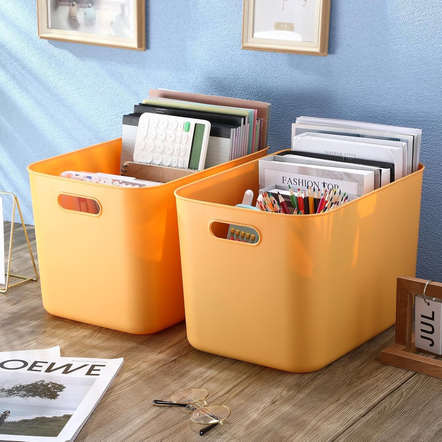Hoolerry 8 Pieces Colorful Storage Bins with Lid, Plastic Storage Basket Organizing Container Stackable Box with Handle for Shelves Desktop Playroom Office(14.2 x 10.2 x 9.5 Inch,Yellow)