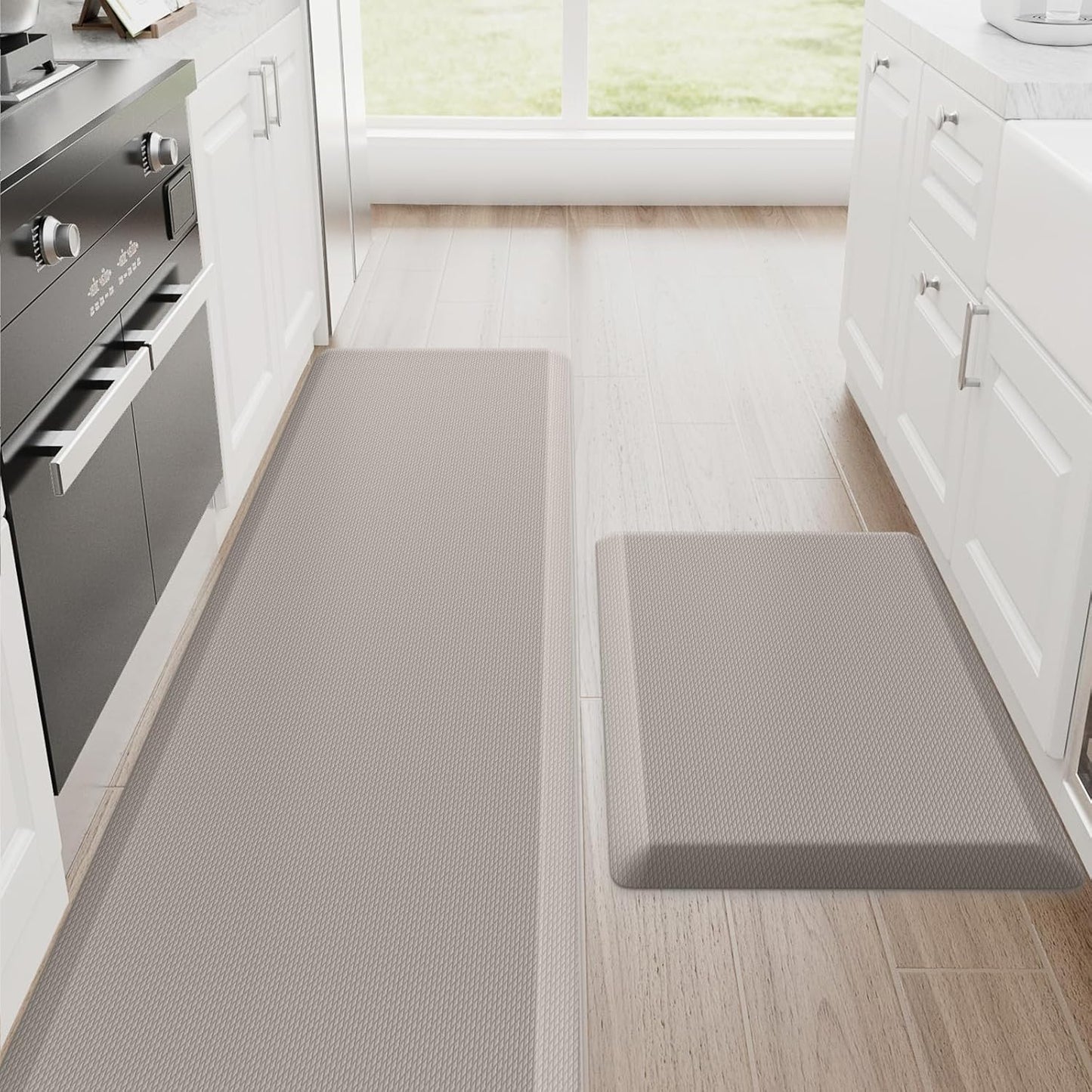 StepRite Kitchen Mats, 2PCS Kitchen Rugs, Cushioned Anti Fatigue Kitchen Mats for Floor, Non-Slip Standing Desk Mat, Waterproof Kitchen Rug Set for Kitchen, 20" x 32"+20" x 72"-Full 1 inch Thick,Khaki