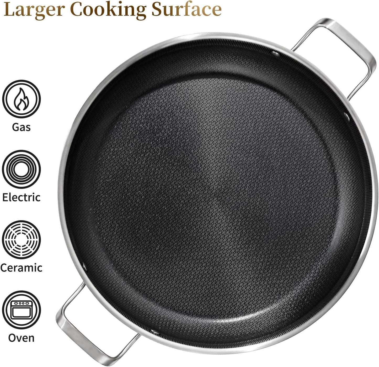 DELARLO Paella Pan 14 Inch Tri-Ply Stainless Steel Paella Pan with Lid Nonstick Frying Pan, Hybird Induction Large Skillets,Great for Paella Parties Indoors Outdoors,Heavy Duty Style