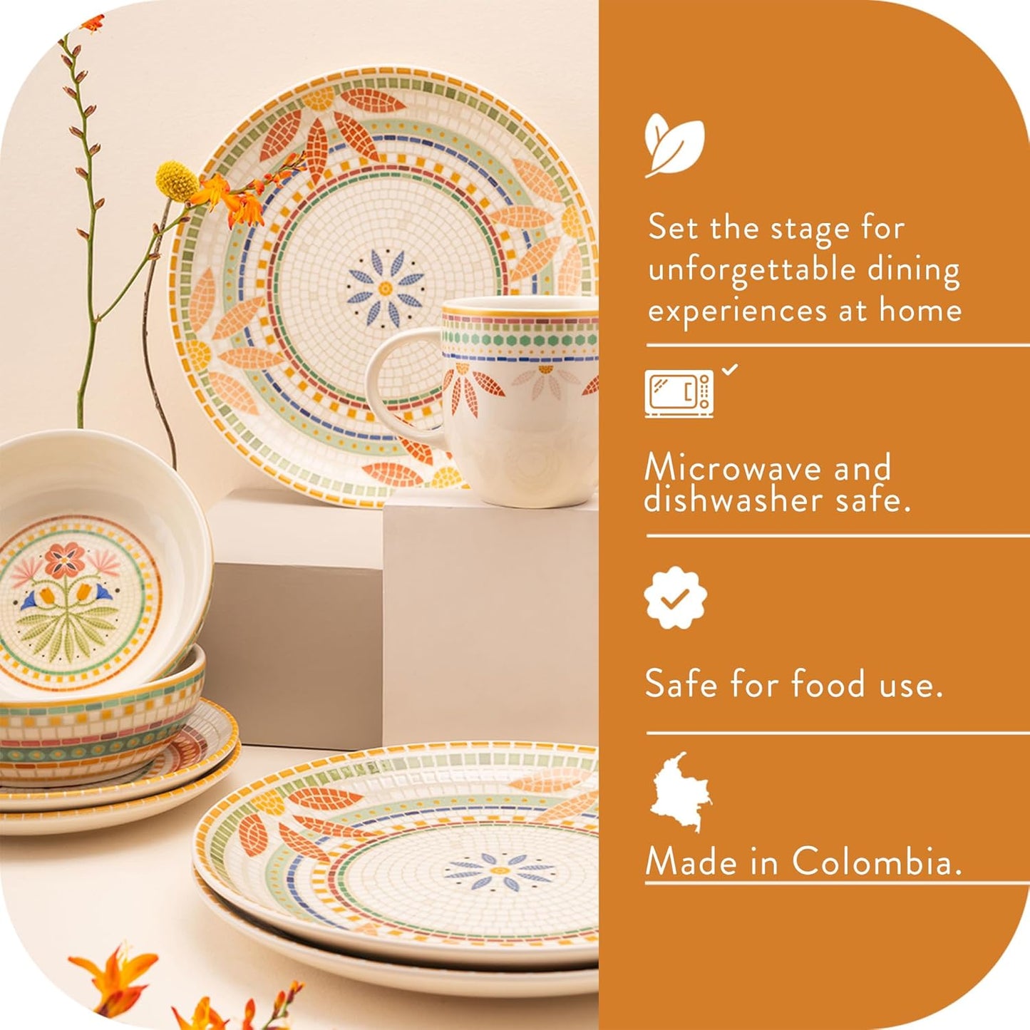 Corona Dinnerware Set 16–piece Mosaic Tropical Flower Pattern Ceramic Dinnerware Sets | Plates, Bowls and Mugs | Service For 4 | Fiore