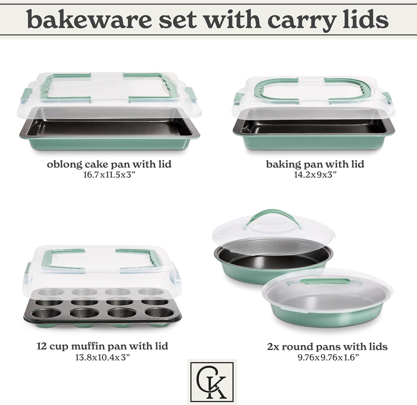 Country Kitchen Baking Pans Set - 10 Piece Non-Stick Cake Pans with Carry Lids for Easy Storage & Travel, Perfect for Parties - Stackable, Sage