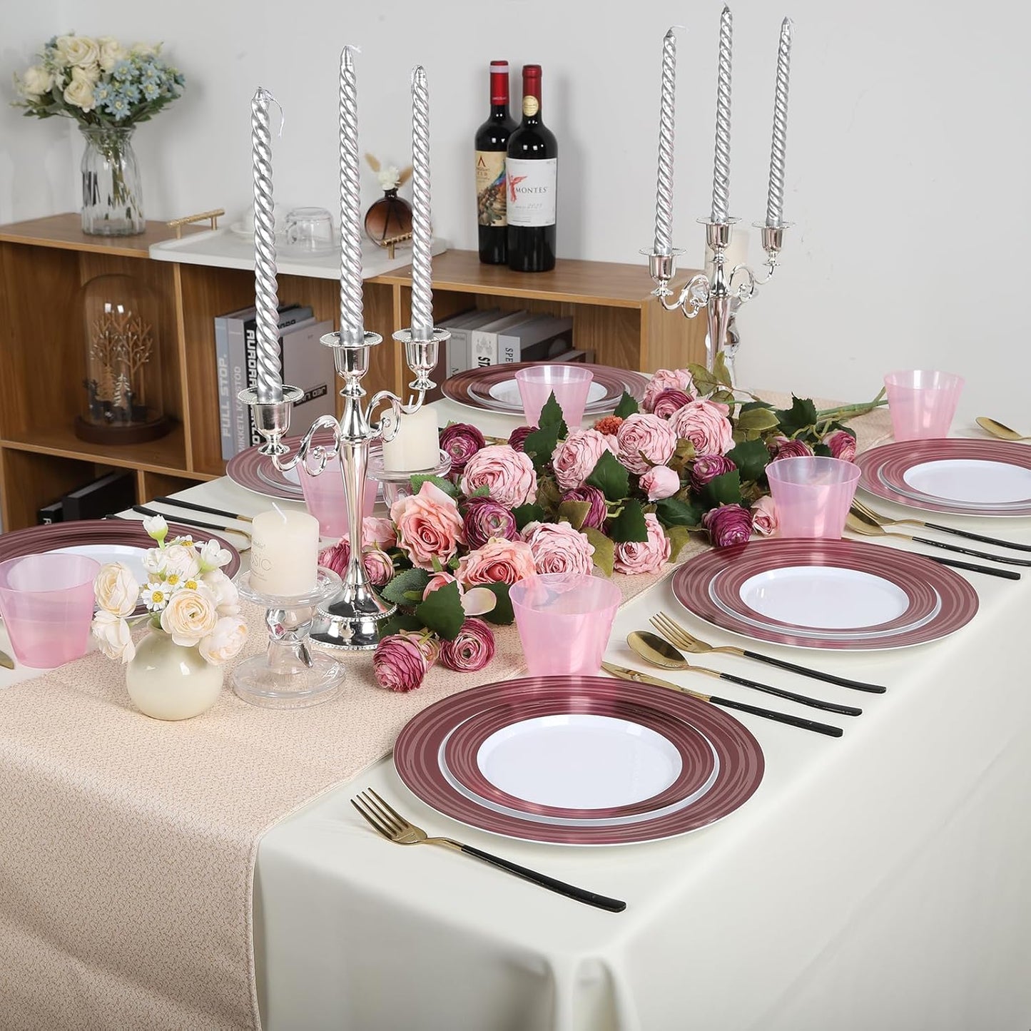 100PCS Reddish Brown Disposable Plastic Plates Include 50PCS 10.25inch Dinner Plate and 50PCS 7.5inch Dessert Plate Heavy Duty Plastic Dinnerware for Party Wedding Anniversary New Year