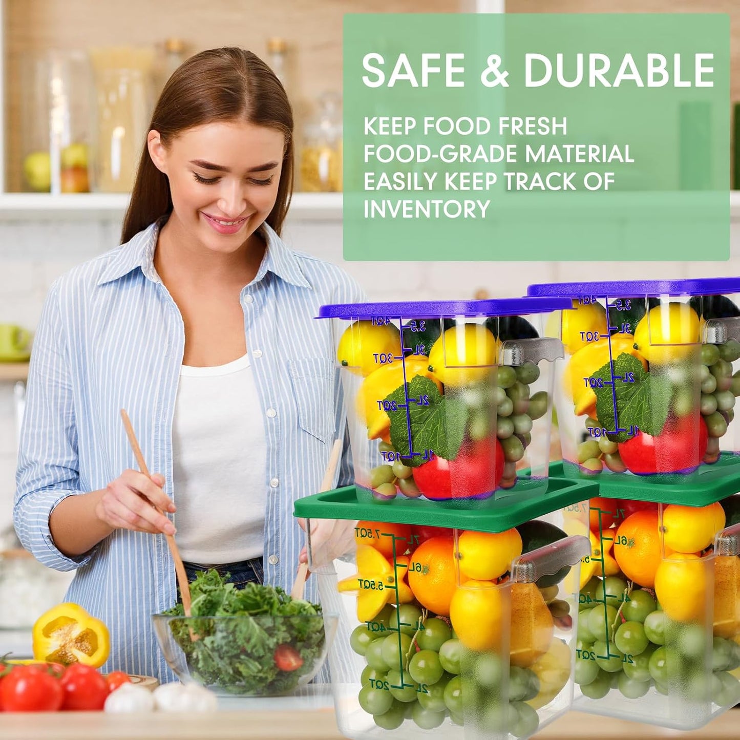 Lallisa 4 Pcs 8 Qt and 4 Qt Clear Food Storage Containers with Lids, Handles and Scales, Commercial Grade Square Containers Polycarbonate Air Tight for Home Storage Kitchen Restaurant(Blue, Green)