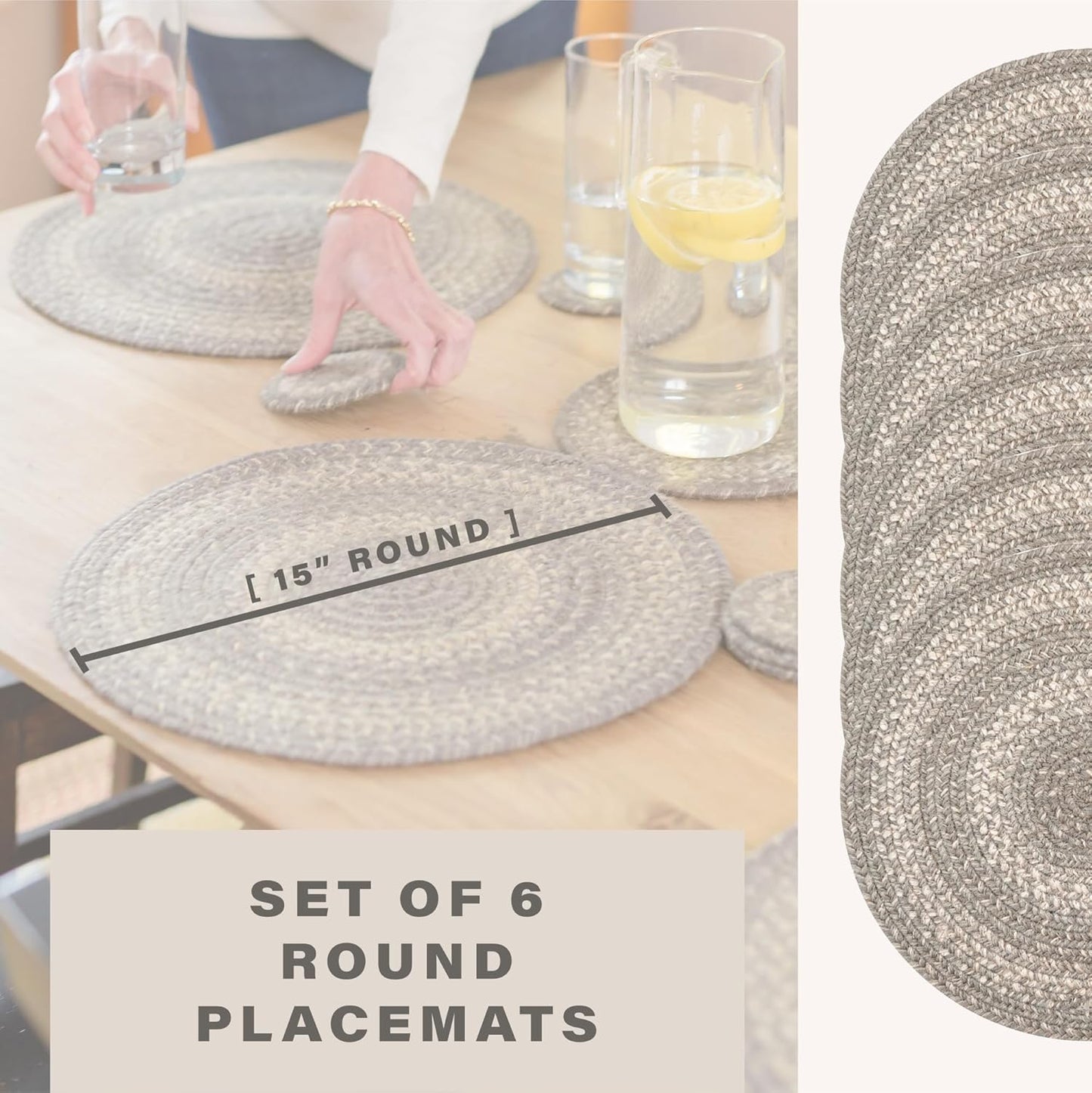 Grey Cloud Jute Woven Round Placemats Set of 6, 15", Warm Country Decor, Grey Table Mats - Vibrant Colors, Durable, Easy to Clean and Protects Furniture