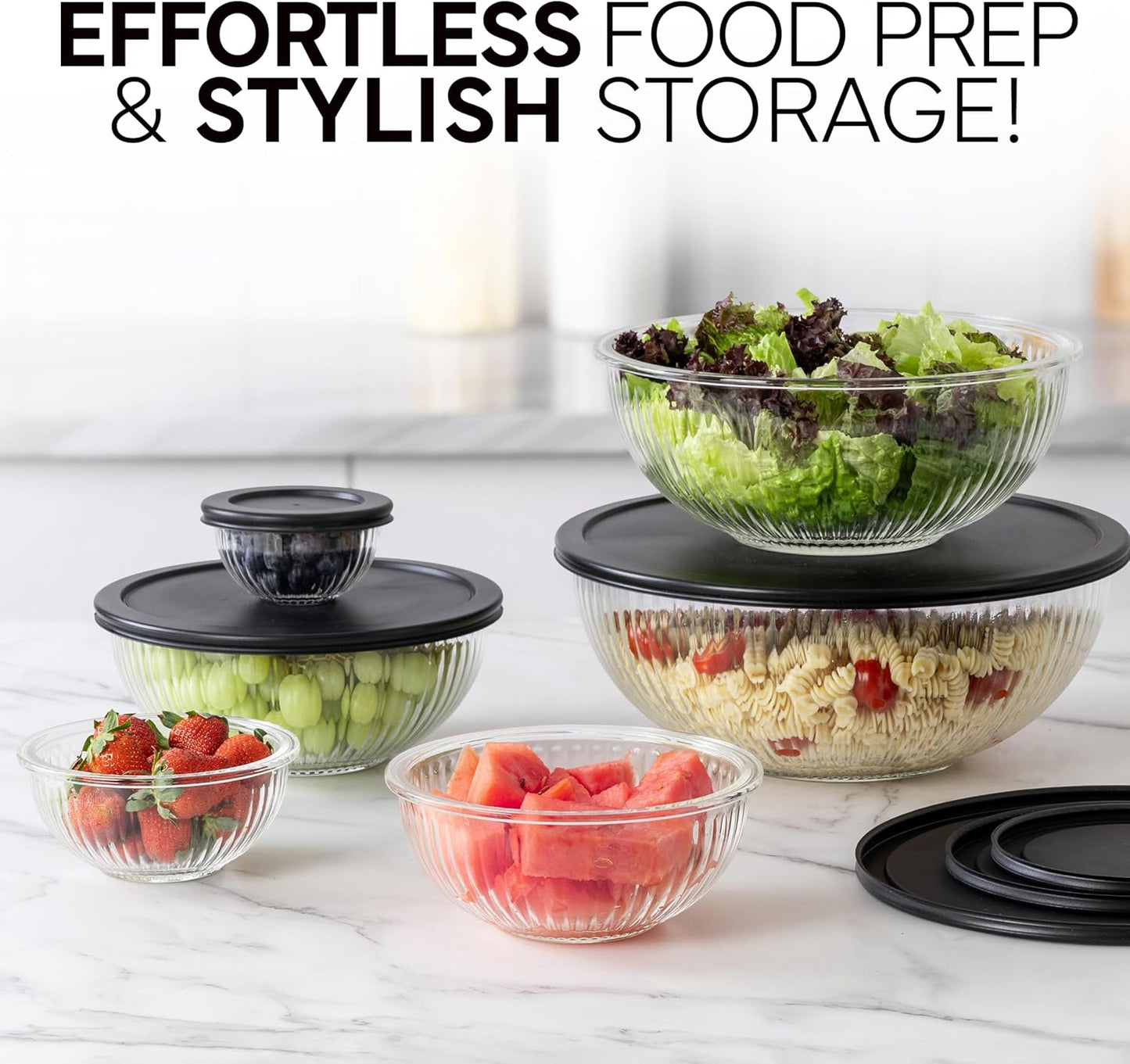 COOK WITH COLOR 12 Pc Glass Mixing Bowl Set with Lids – Borosilicate Glass Nesting Bowls for Cooking, Baking and Meal Prep, Fluted Black