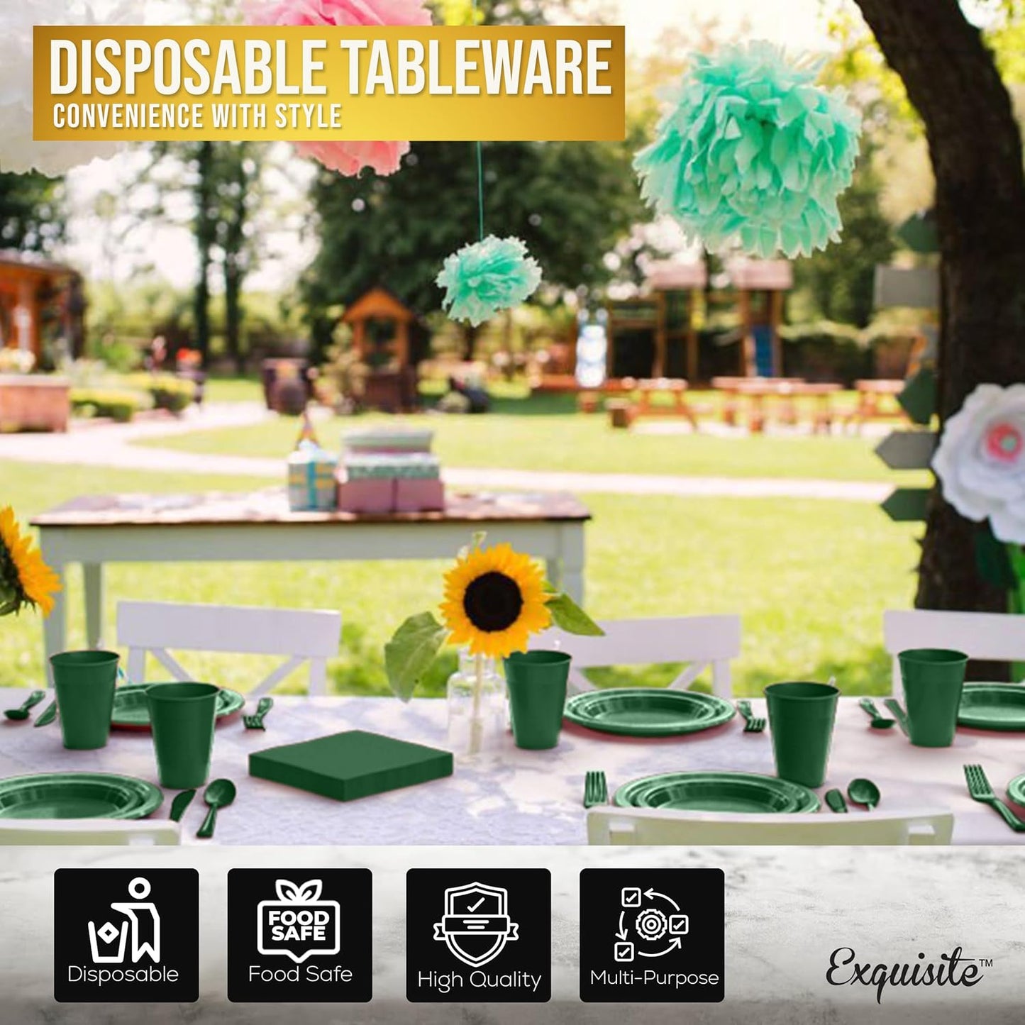 Party Solids 350 Pieces Emerald Green Plastic Plates For Party, Emerald Green Disposable Plates Set, 50 Of Each 9" Dinner Plate Set, 7" Dessert Plate, Cups, Napkins & Cutlery Plastic Dinnerware