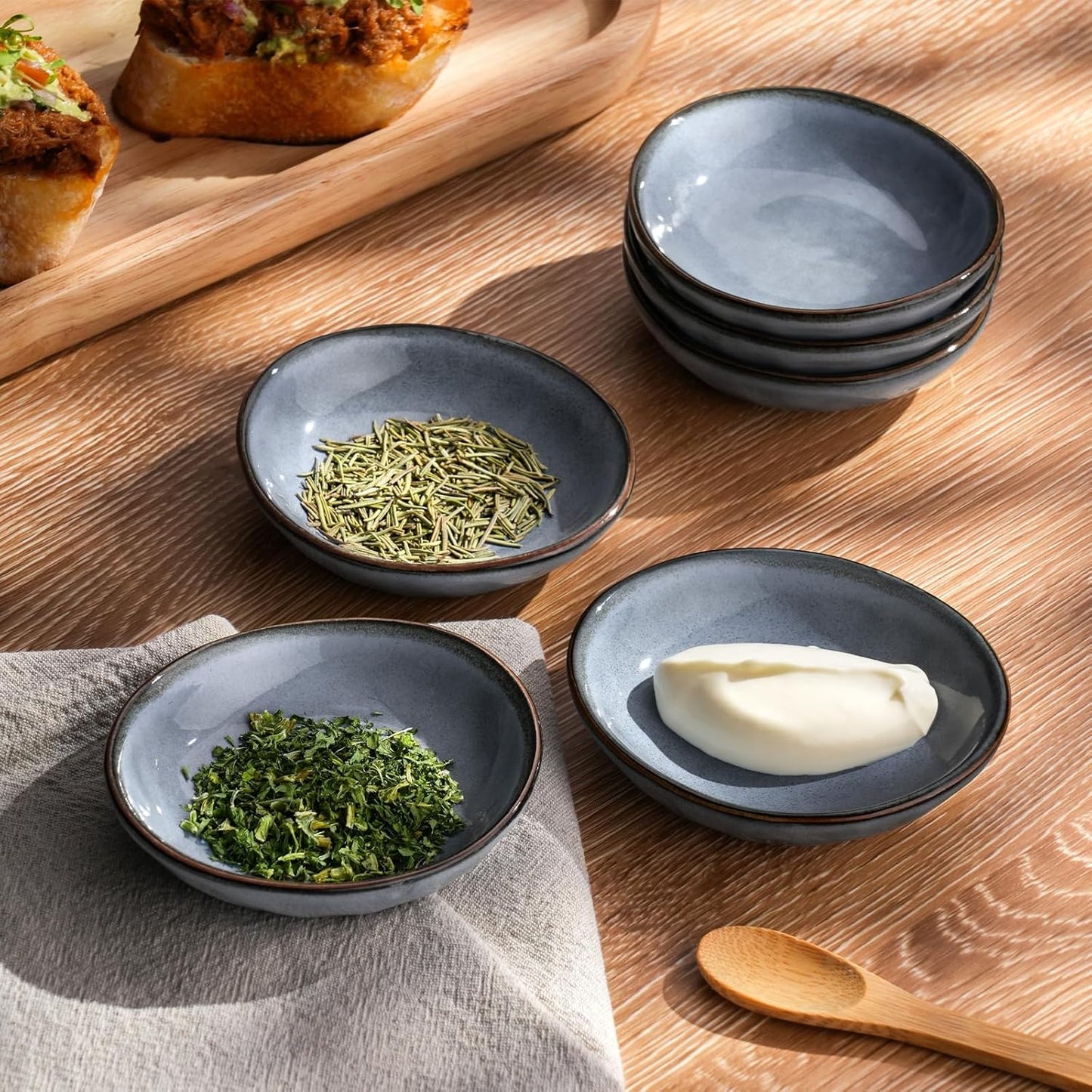 famiware Ocean Soy Sauce Dishes of 6, Oval Dipping Sauce Cups/Bowls/Dishes for Kitchen, 2.1oz Ceramic Small Bowls for Side Dish, Appetizers, Snacks, and Sushi, Reactive Glaze, Dishwasher Safe, Blue