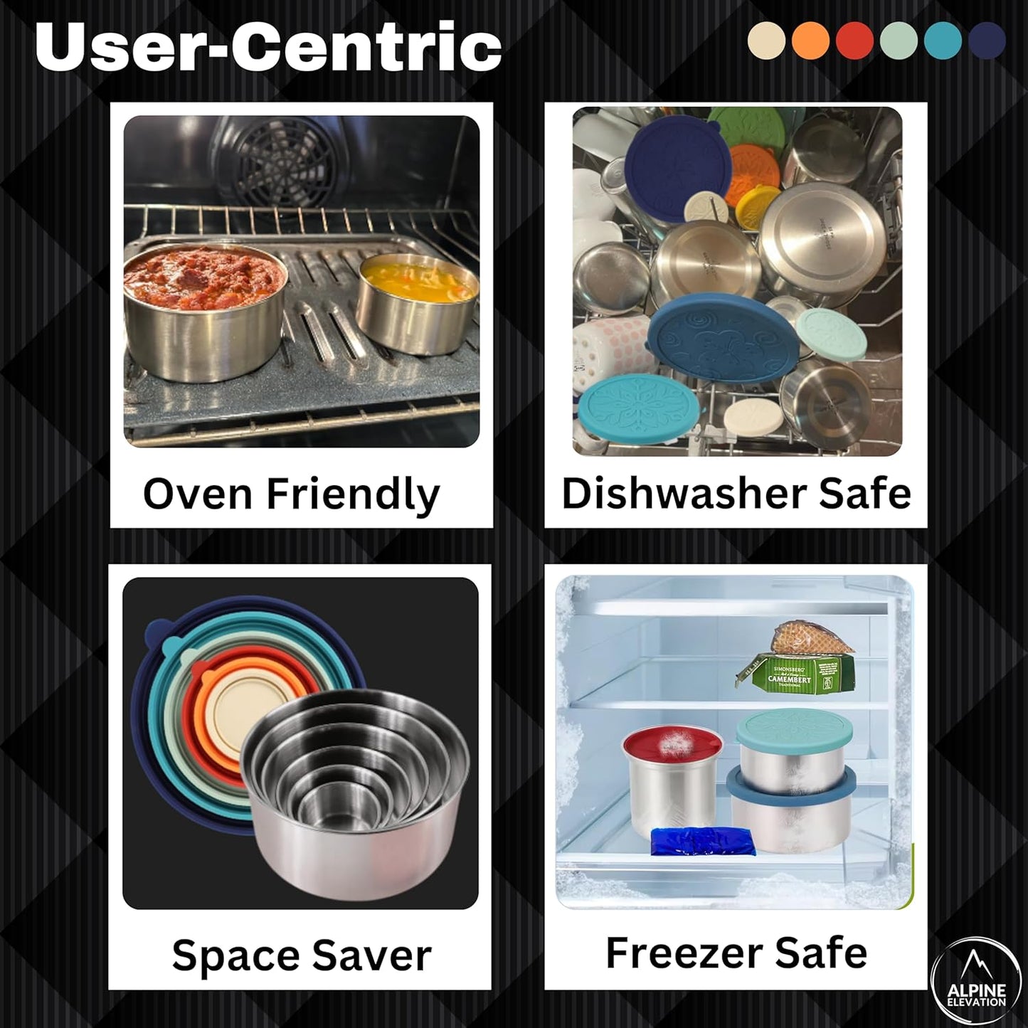 12 Pcs - 6 Stainless Steel Containers + 6 Silicone Lids | 304 Stainless Steel Snack Container | Nesting Snack and Dip Containers | Metal Food Storage