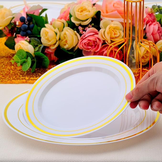 175 PCS Gold Dinnerware Set for 25 Guests, Gold Rimmed White Heavy Duty Plastic Disposable Plates for Party Wedding with 25 Dinner Plates,Dessert Plates, Silverware Set, Cups, Napkins