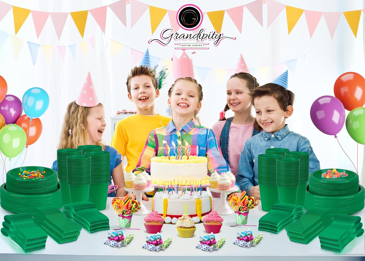 Grandipity 720 Piece Green Disposable Dinnerware Set, Plastic Dinnerware Set Includes 120 Count 9' Dinner Plates, 7' Dessert Plates, 12oz Cups, Forks, Knives & Spoons