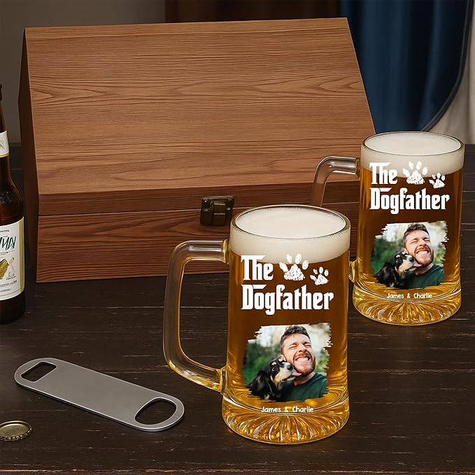 Wrappiness Gift for Dad - Cool Dog Father Personalized Beer Glass With Handle, Custom Photo and Names Lovely Fathers Day Pet Papa Gift for Men Pet Lovers, Cute Puppy Owner Drinking Cup
