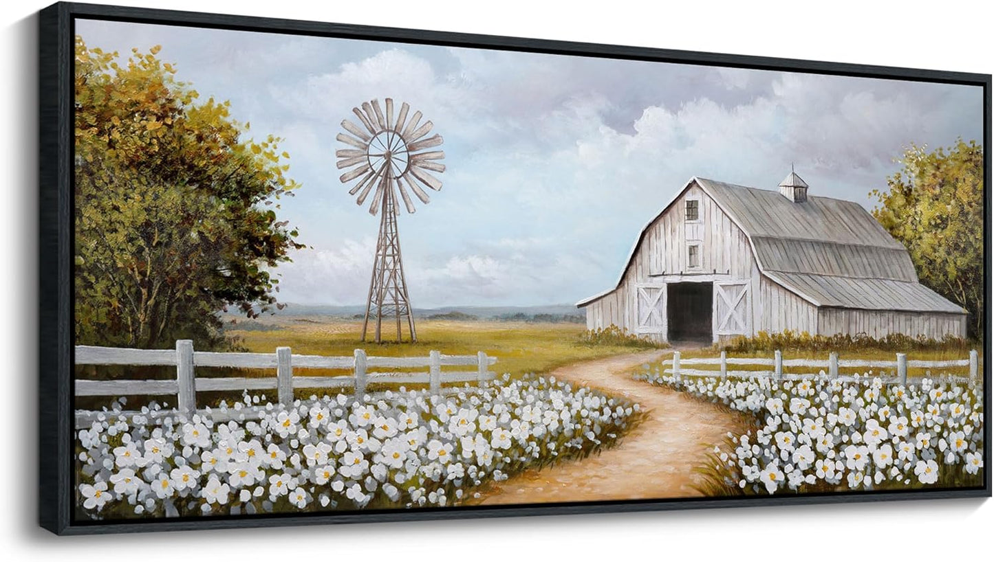YCPRIMER Extra Large Farmhouse Wall Art Vintage Classical Painting Rustic Countryside Wildflower Field Nature Meadow Landscape Yellow Wall Decor Retro Windmill Barn Canvas Print Wilderness Artwork for Bedroom Living Room 70x31inchs