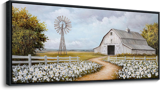 YCPRIMER Extra Large Farmhouse Wall Art Vintage Classical Painting Rustic Countryside Wildflower Field Nature Meadow Landscape Yellow Wall Decor Retro Windmill Barn Canvas Print Wilderness Artwork for Bedroom Living Room 70x31inchs