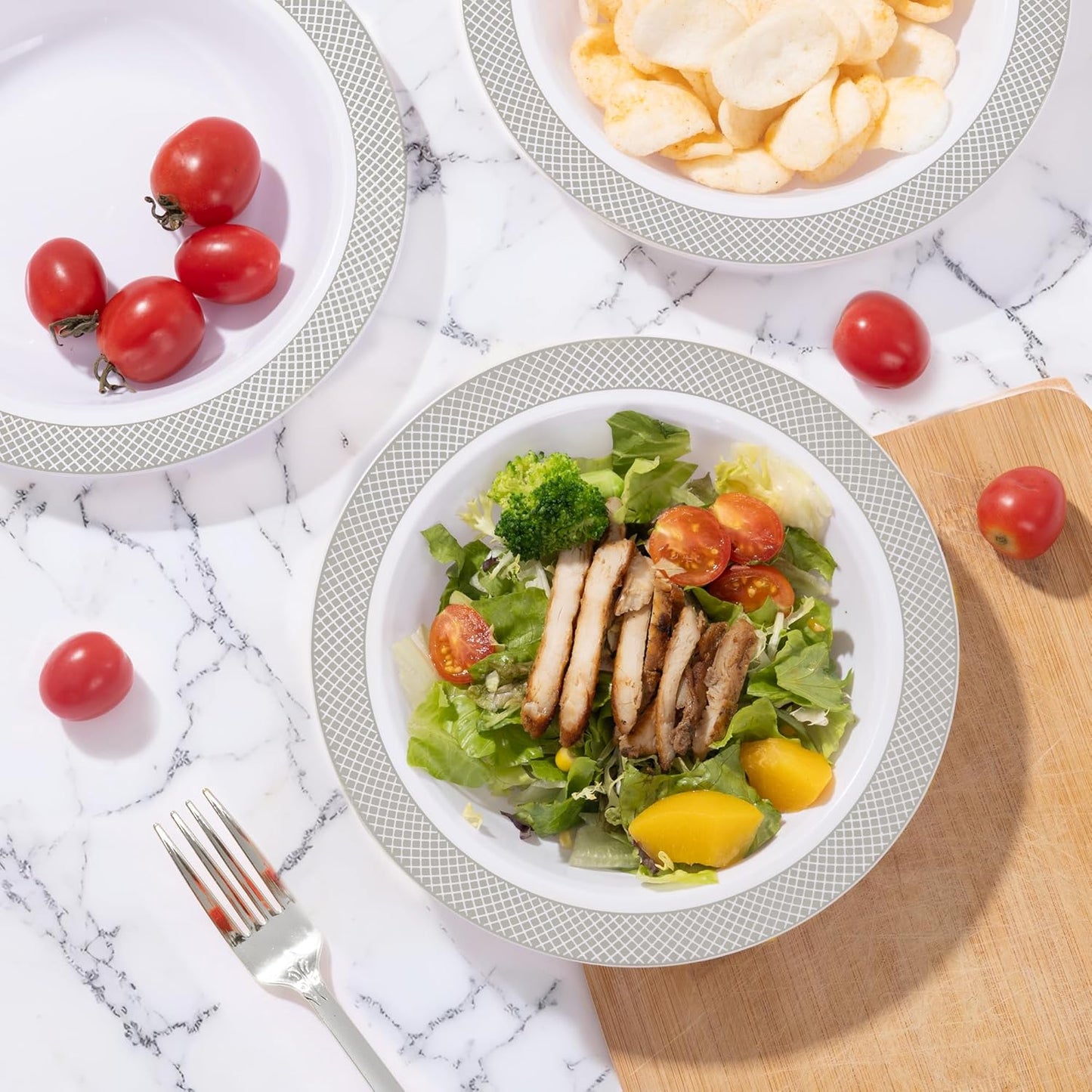 I00000 100 Silver Plastic Bowls,12 OZ White Disposable Bowls,Fancy Plastic Salad Bowl,Premium Heavy Duty Disposable Soup Bowl for Parties,Weddings,Dinners, Catering, Picnics