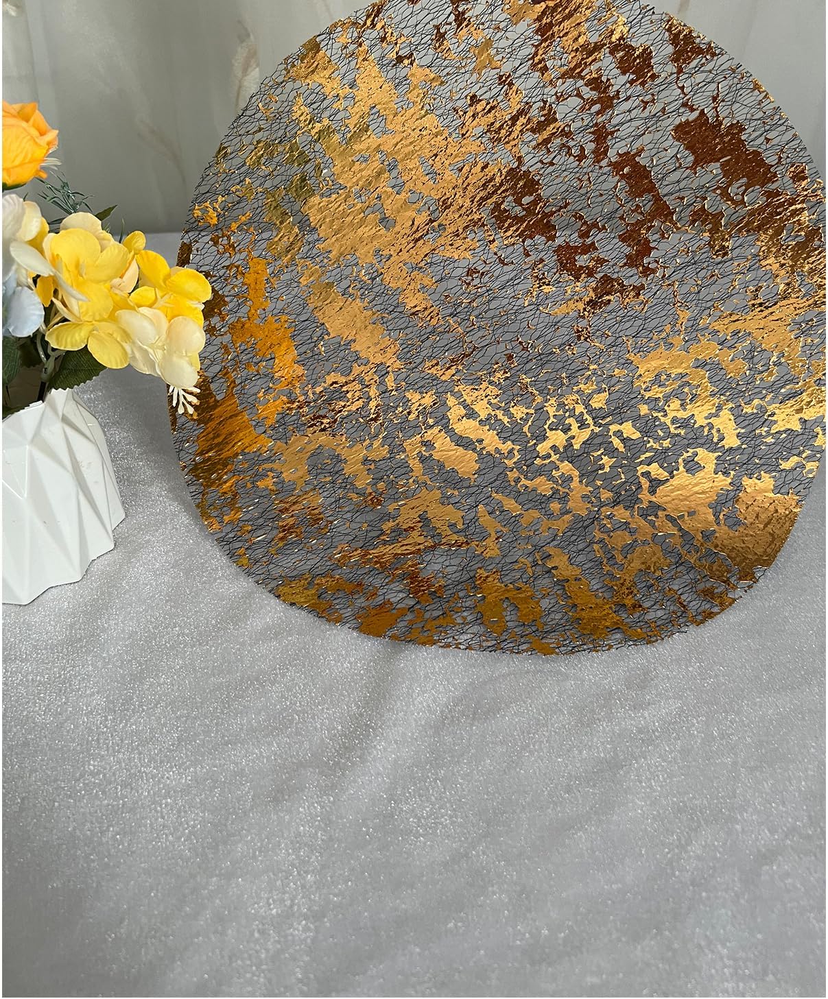 Disposable Black and Gold Placemats Set of 50 Metallic Thin Round 13 Inch Gold Doilies Table Chargers Glitter Foil Mesh Pressed Fall Table Mates 50 Pack for Wedding Birthday Party