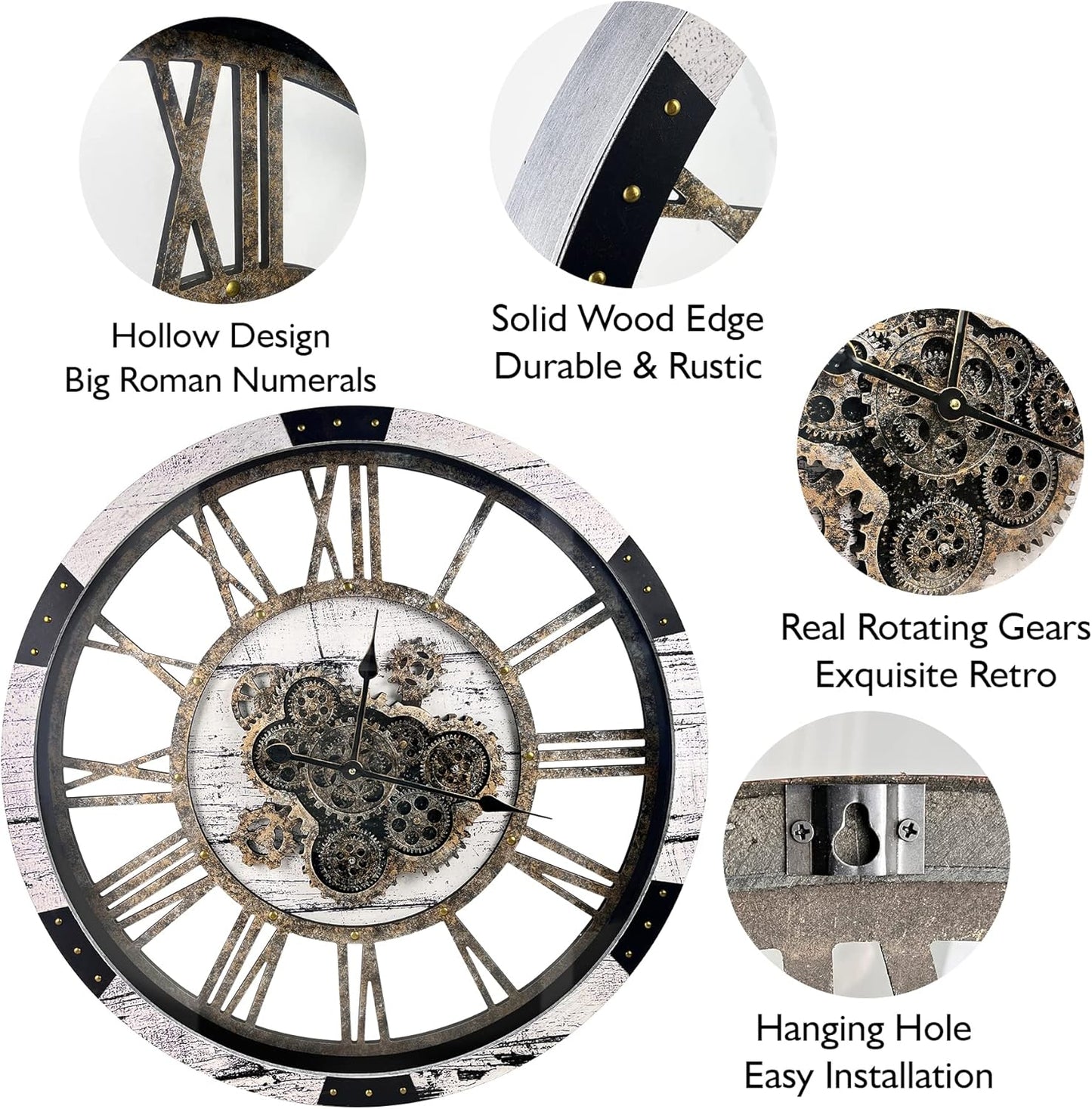 DORBOKER 30" Large Wall Clock Moving Gears,Oversized Industrial Rustic Farmhouse Clocks for Living Room Decor Office Home, Solid Wood Retro Metal HD Tempered Glass Cover, White Grey