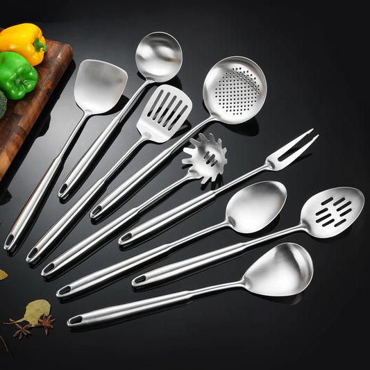 18/10 Stainless Steel Kitchen Utensils, 9-Piece All Metal Cooking Utensil Set 14” with Solid Spoon, Slotted Spoon, Fork, Spatula, Ladle, Skimmer, Slotted Turner, Spaghetti Server, Large Spoon