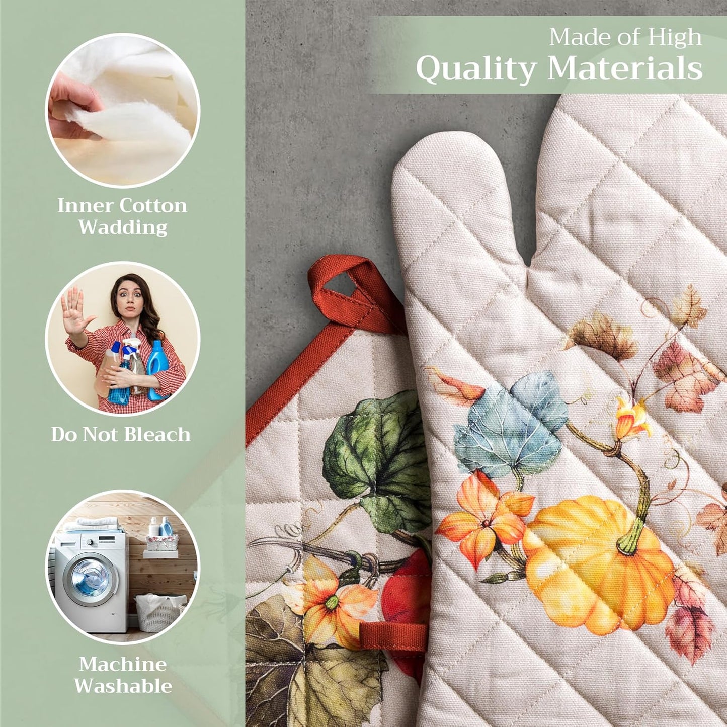 Maison d' Hermine 100% Cotton Oven Mitt & Pot Holder Set (7.5"x13" & 8"x8") Heat Resistant BBQ Cooking Gloves with Loop for Thanksgiving Christmas Decorations Handling Hot Pans (Potiron)