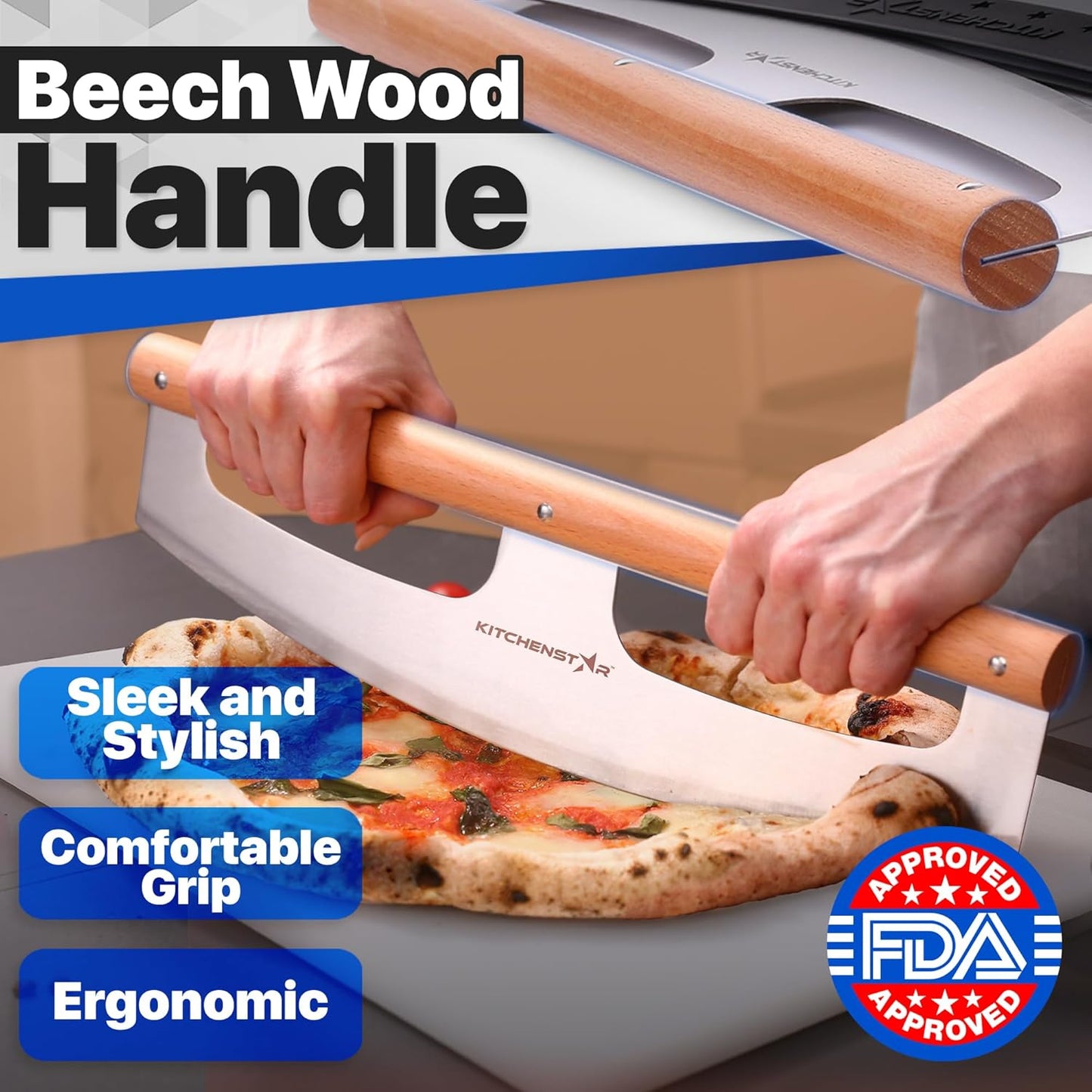 KitchenStar 16-Inch Pizza Cutter Rocker Blade - Razor Sharp Stainless Steel Slicer Knife, Stylish Beech Wood Handle, Protective Cover - Professional Pizza Oven Accessories, Silver